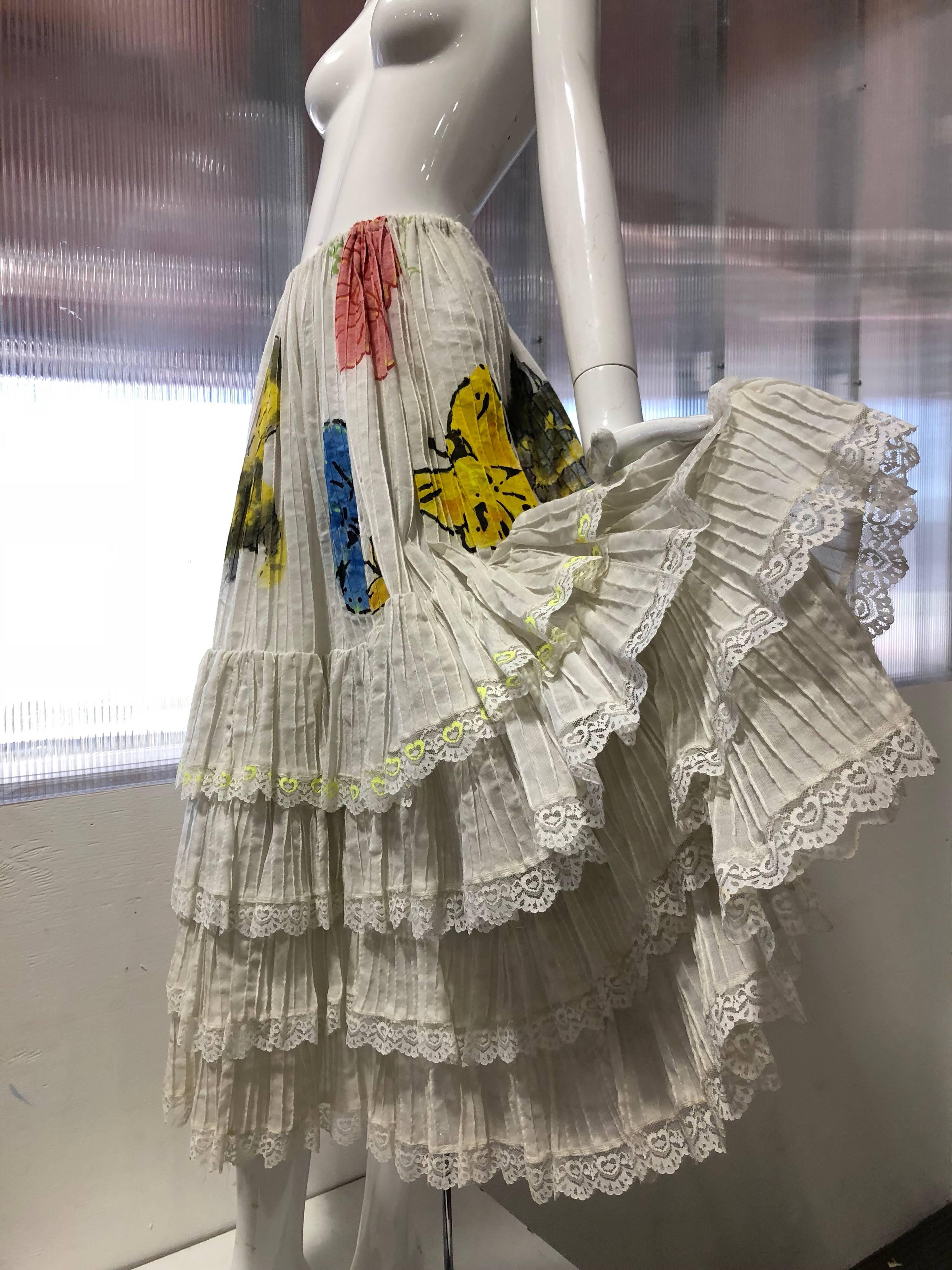 Gray Mexican White Cotton Lace Tiered Skirt With Hand-Painted Bees and Florals, 60s 