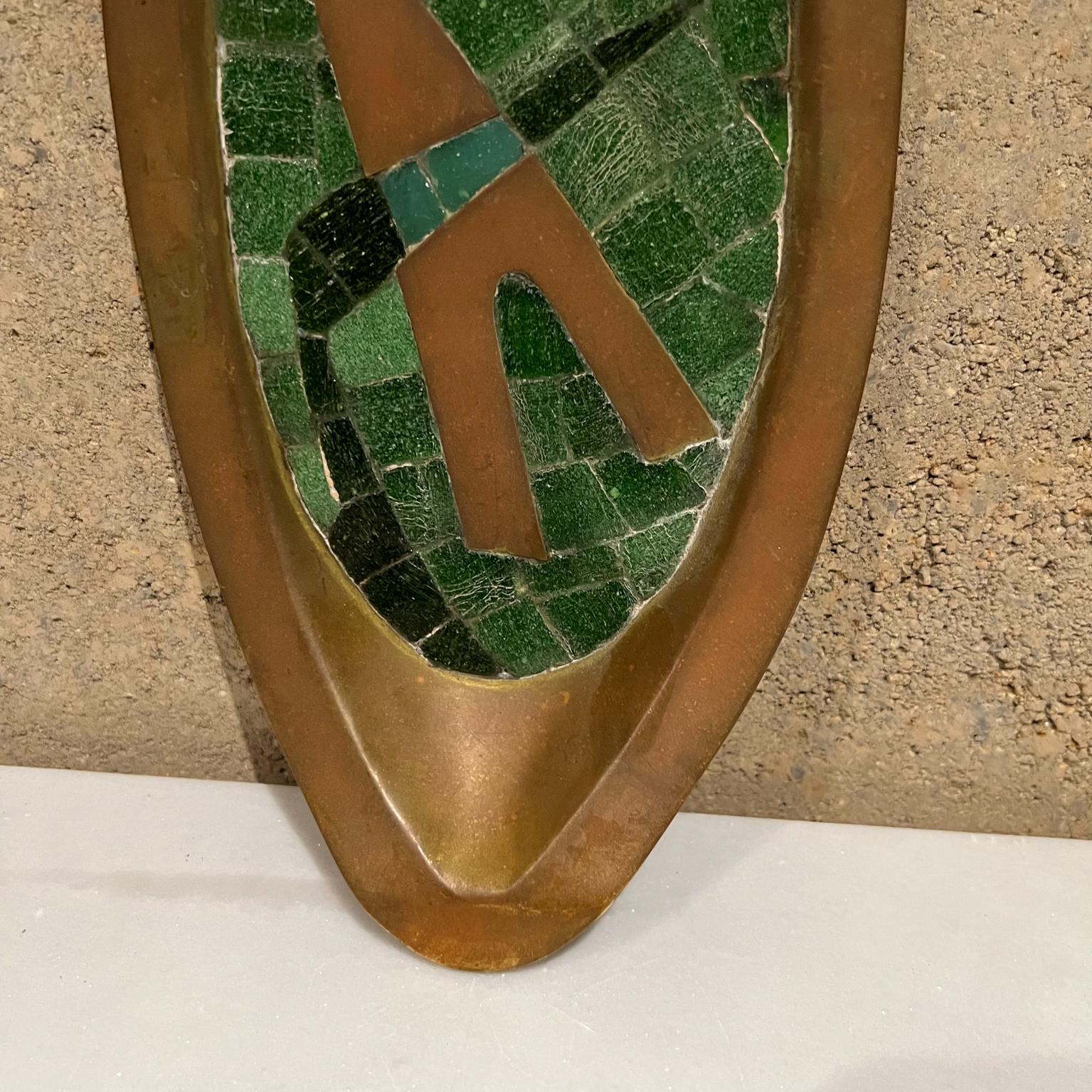 Mid-Century Modern 1960s Mexico Salvador Teran Wall Art Tile Tray Brass and Green Stone Mosaic