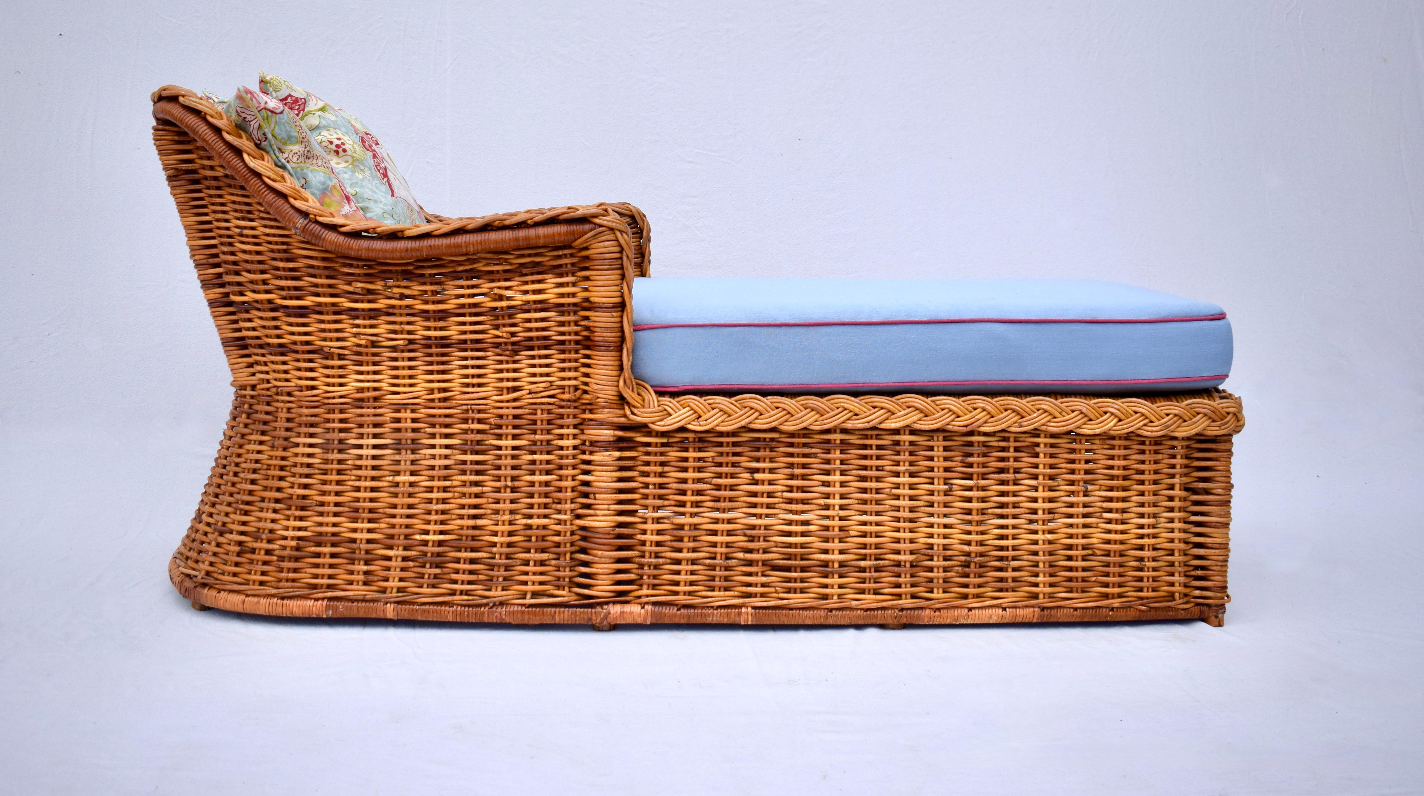American 1960's Michael Taylor Braided Wicker Rattan Chaise Lounge Daybed For Sale