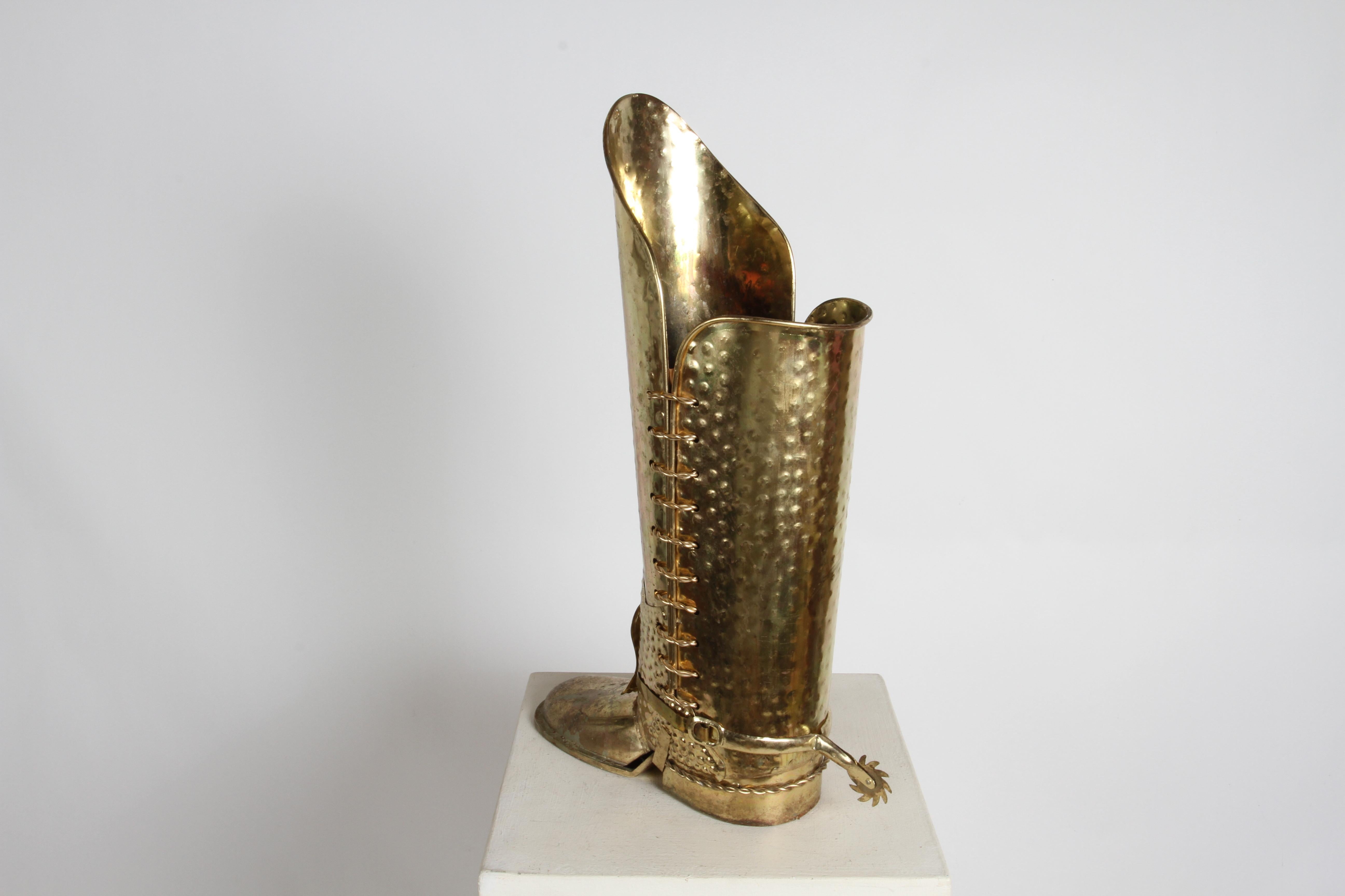 1960s Mid-20th Century Italian Hammered Brass Tall Boot Umbrella Stand with Spur For Sale 9