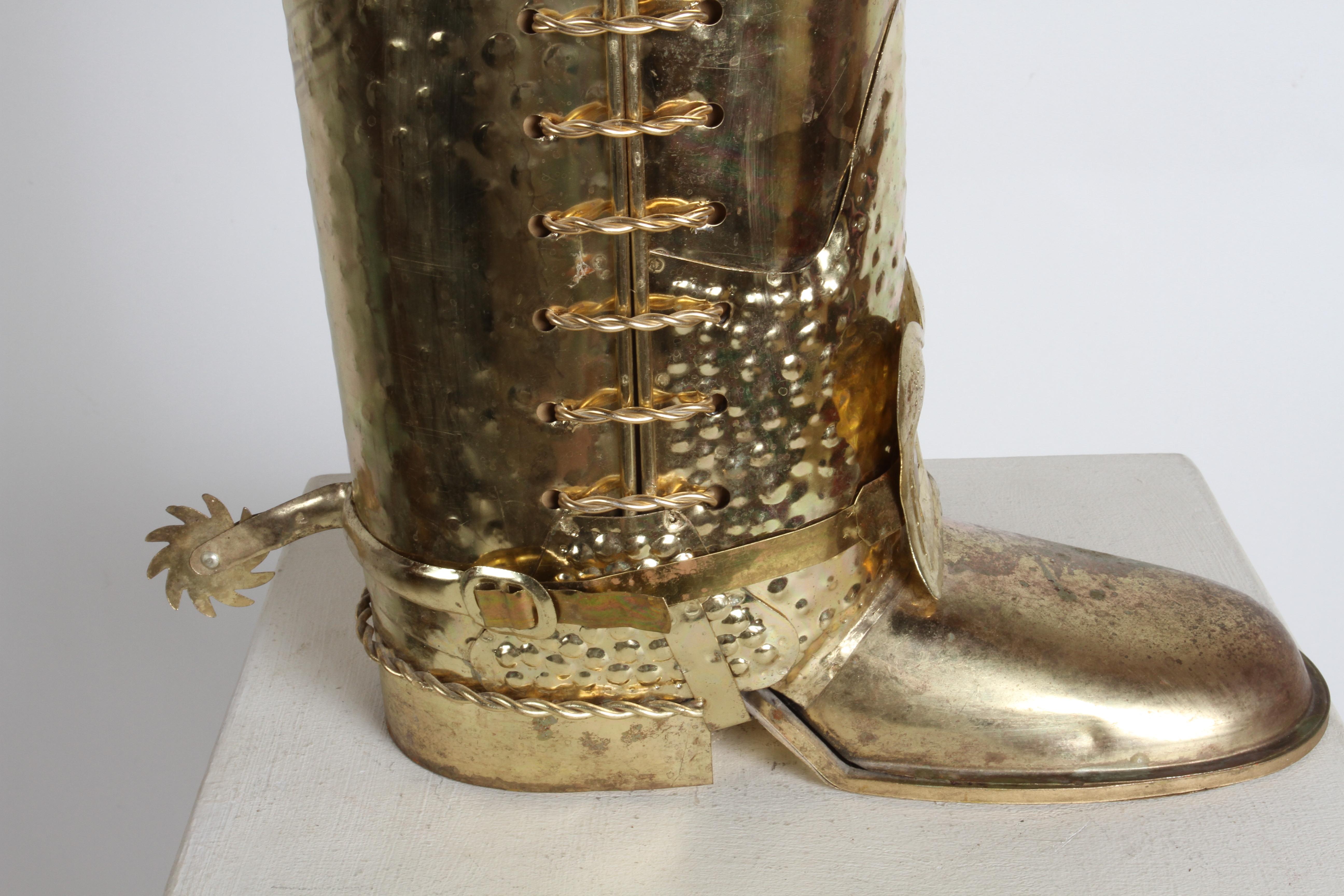 1960s Mid-20th Century Italian Hammered Brass Tall Boot Umbrella Stand with Spur For Sale 1
