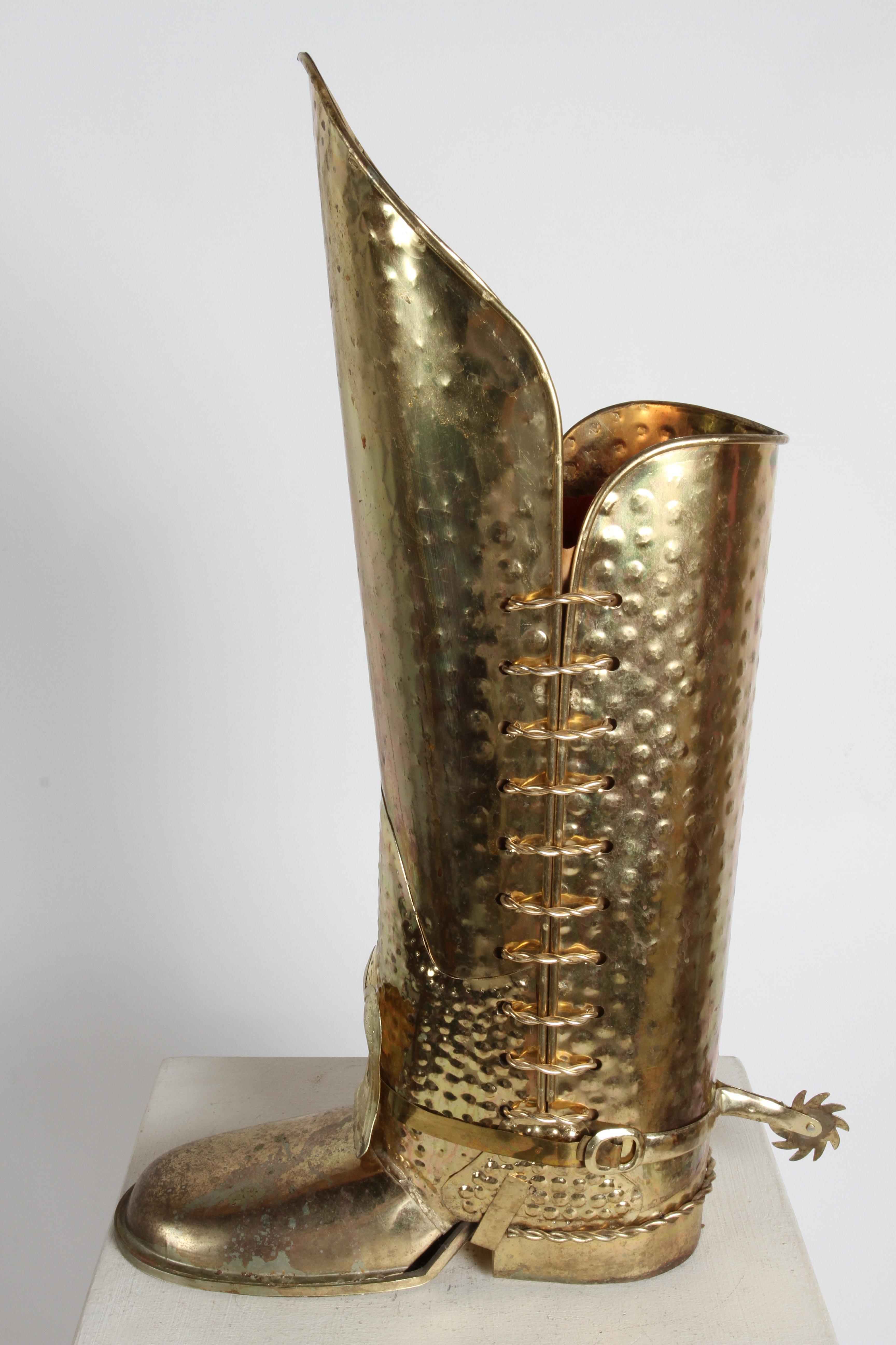 1960s Mid-20th Century Italian Hammered Brass Tall Boot Umbrella Stand with Spur For Sale 3