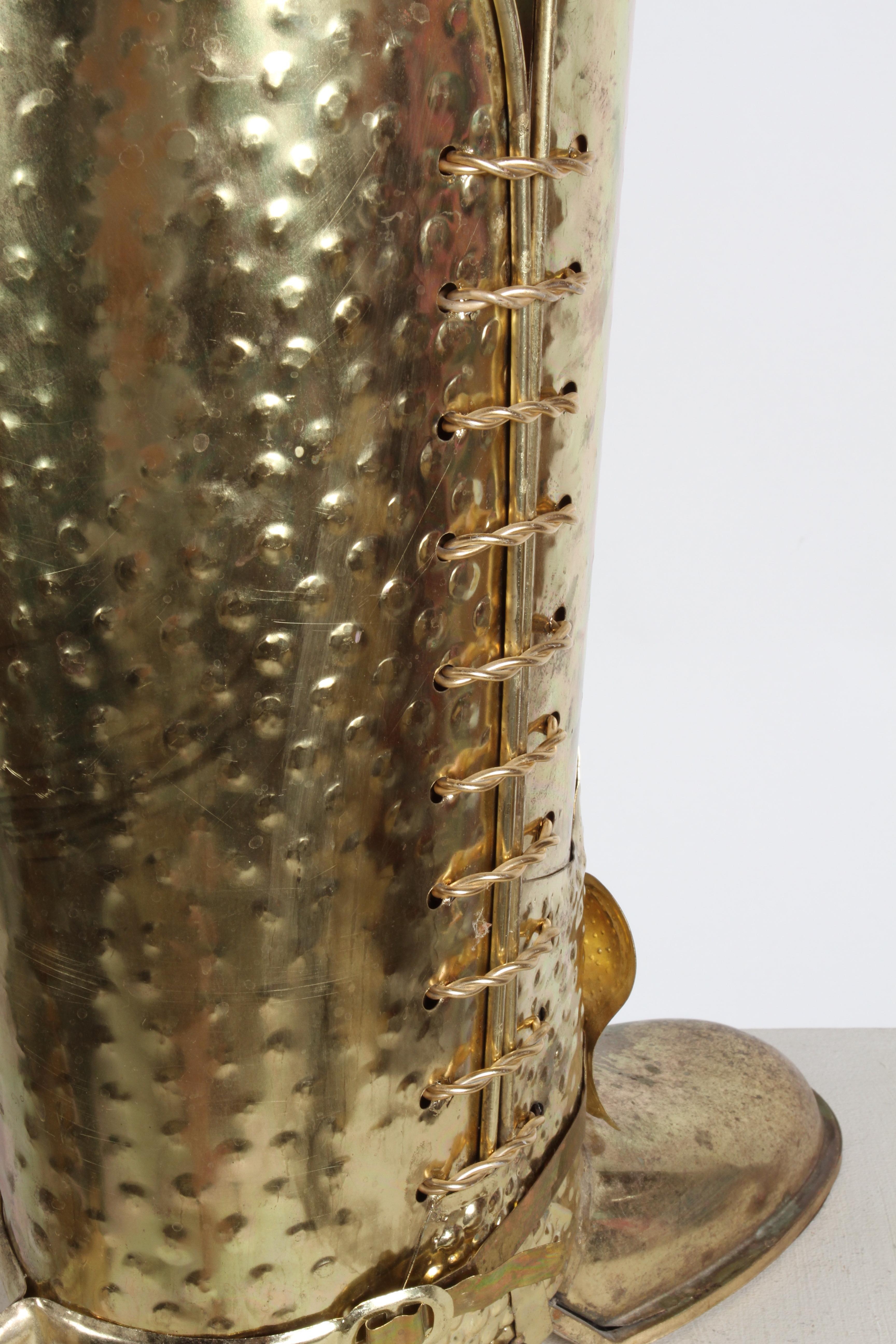 1960s Mid-20th Century Italian Hammered Brass Tall Boot Umbrella Stand with Spur For Sale 5