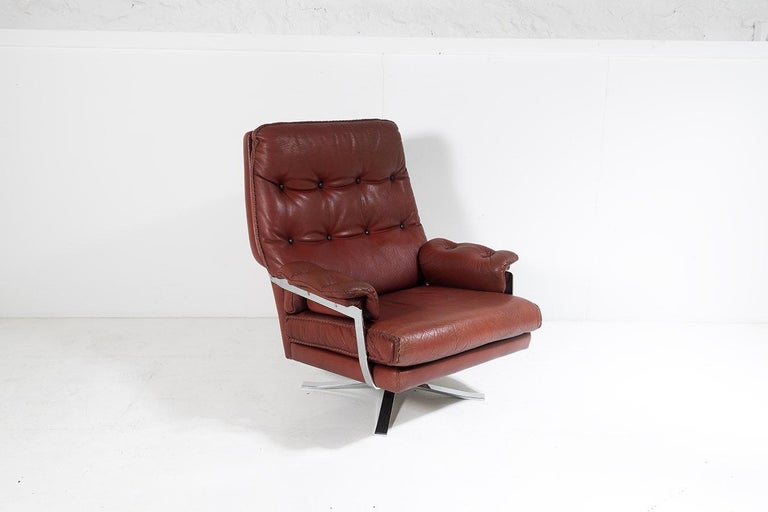 20th Century 1960s Mid Centry Burnt Orange Brown Leather Swivel Chair by Arne Norell For Sale