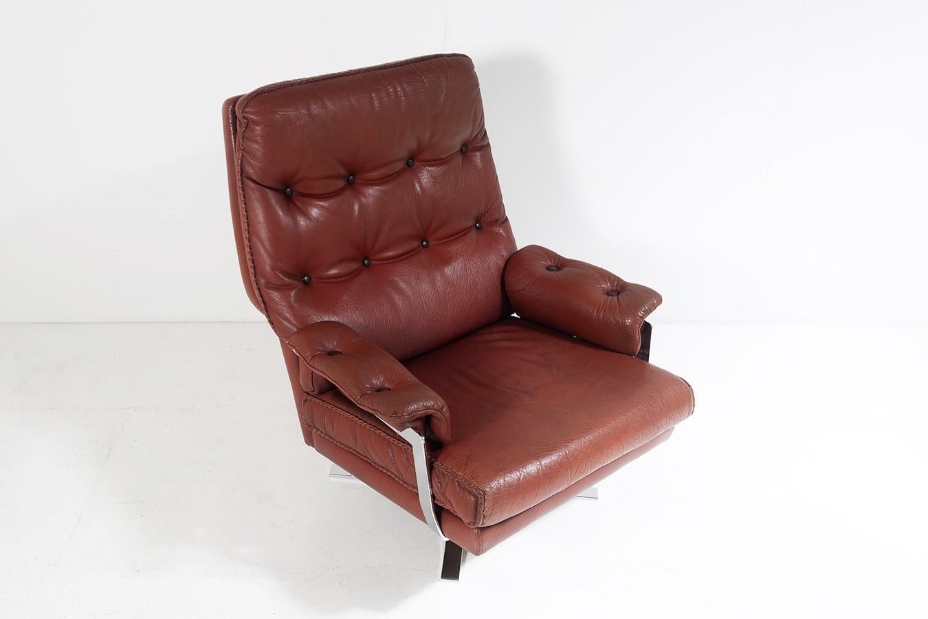 Dutch 1960s Mid Centry Burnt Orange Brown Leather Swivel Chair in style of Arne Norell For Sale