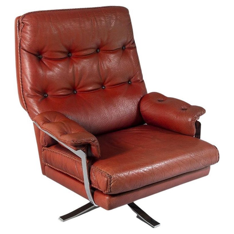 1960s Mid Centry Burnt Orange Brown Leather Swivel Chair by Arne Norell For Sale