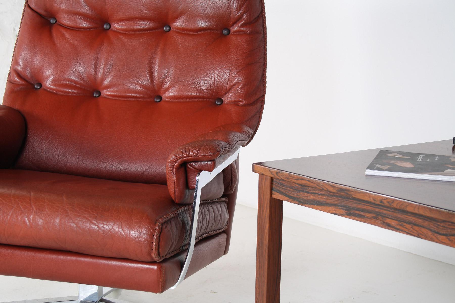 20th Century 1960s Mid Centry Burnt Orange Brown Leather Swivel Chair in style of Arne Norell For Sale