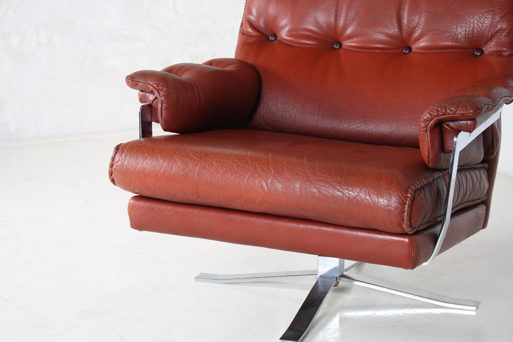 1960s Mid Centry Burnt Orange Brown Leather Swivel Chair in style of Arne Norell For Sale 1