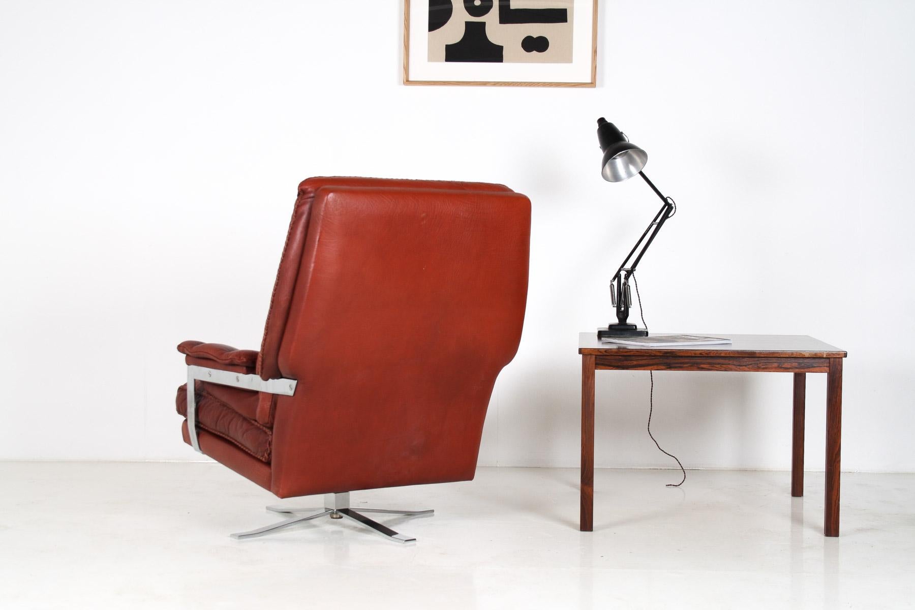 Mid-Century Modern 1960s Mid Centry Burnt Orange Brown Leather Swivel Chair in style of Arne Norell For Sale