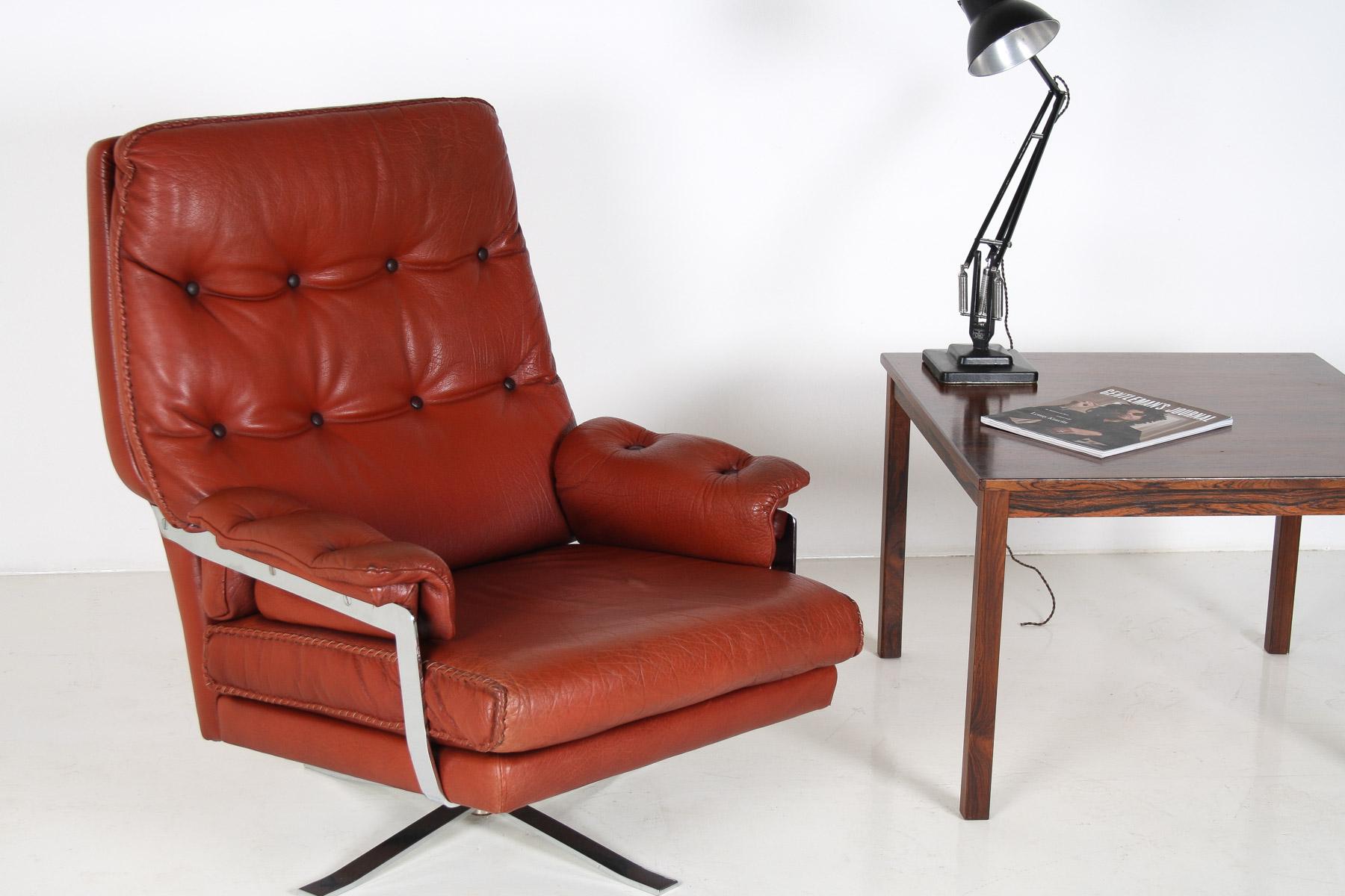 Dutch 1960s Mid Centry Burnt Orange Brown Leather Swivel Chair in style of Arne Norell For Sale