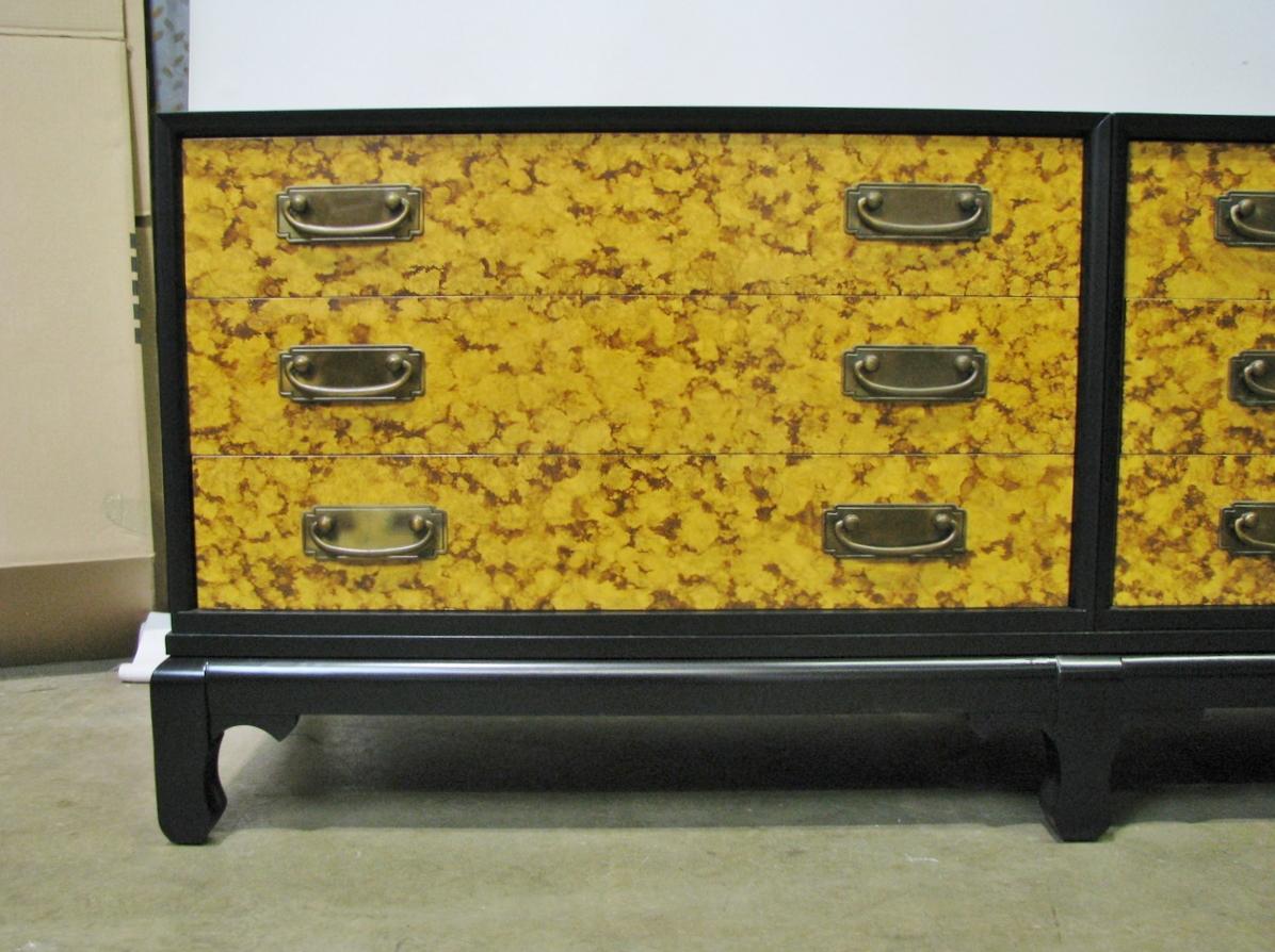 Hollywood Regency 1960s Mid-Century 3-Part Credenza on Base; Painted Faux Tortoiseshell Fronts For Sale
