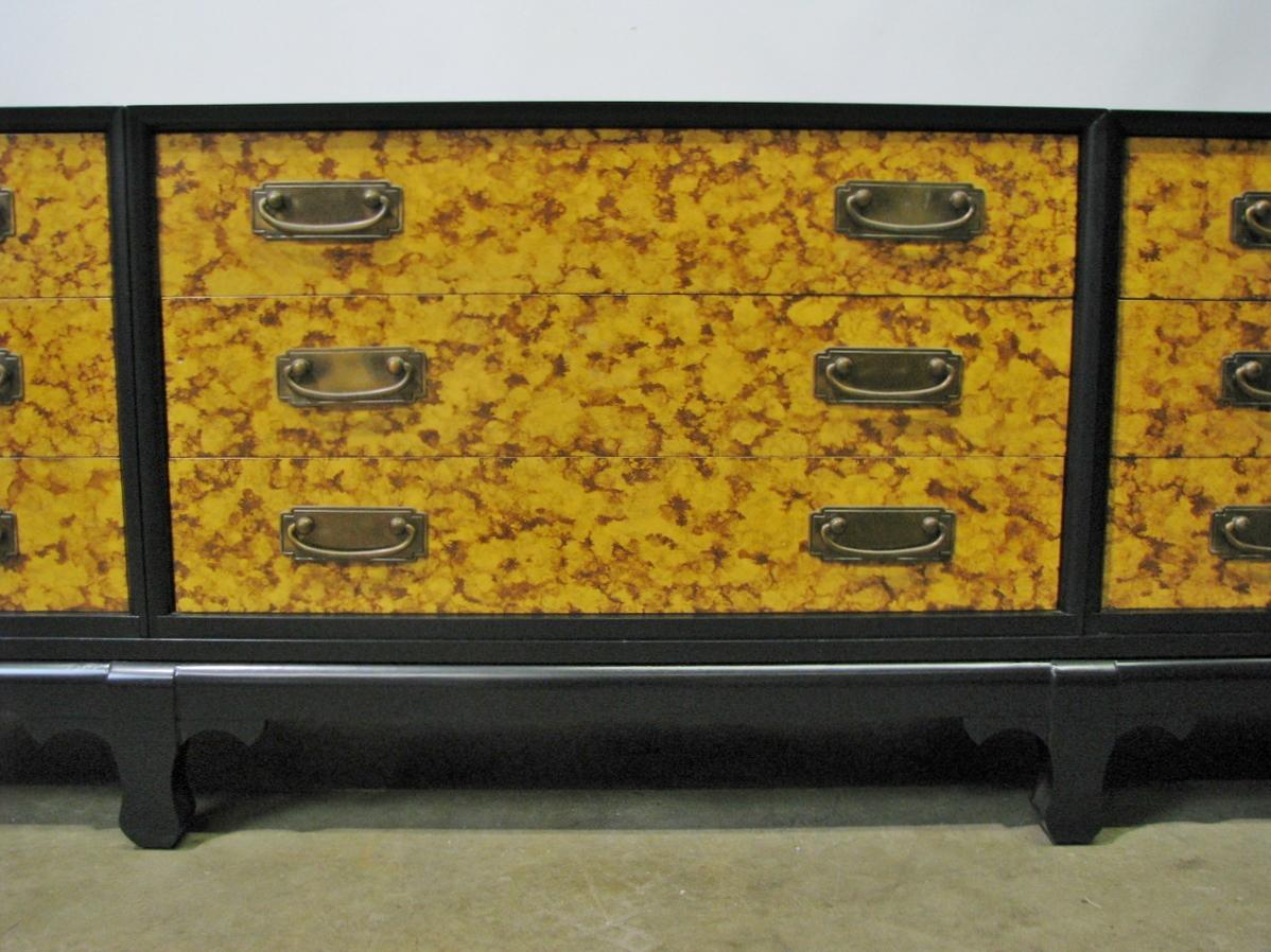 American 1960s Mid-Century 3-Part Credenza on Base; Painted Faux Tortoiseshell Fronts For Sale