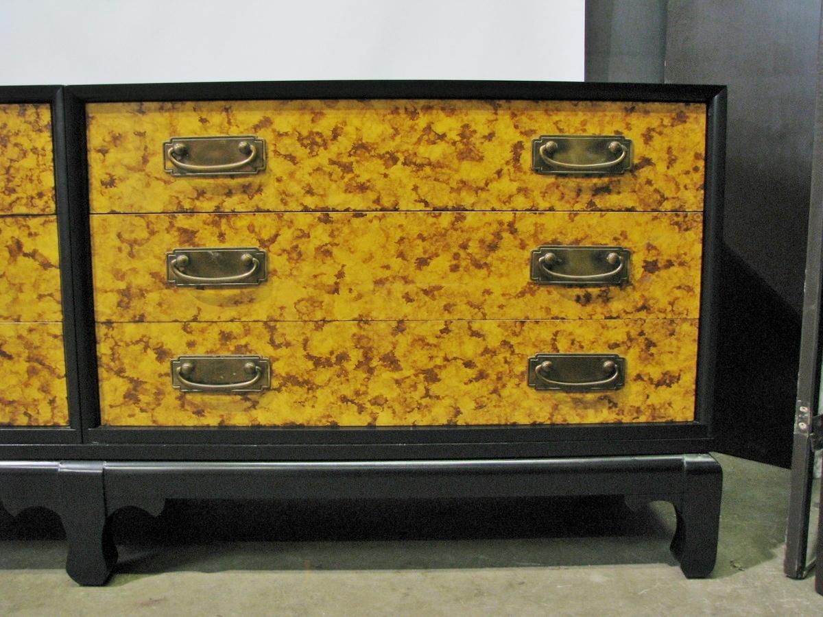 1960s Mid-Century 3-Part Credenza on Base; Painted Faux Tortoiseshell Fronts In Good Condition For Sale In Geneva, IL