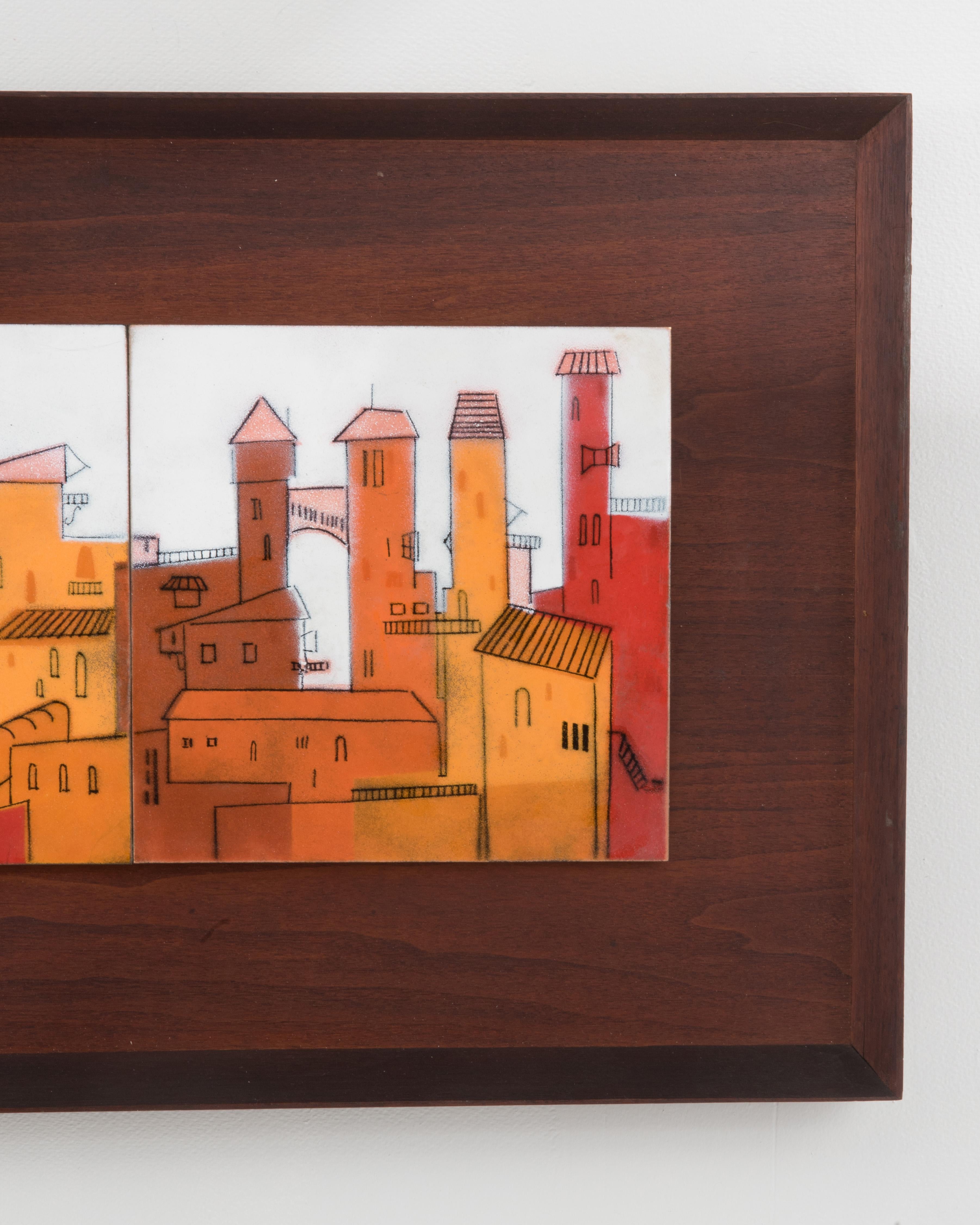 A midcentury five enamel tile frieze of an abstract cityscape in a walnut frame.

Each of the tiles is H 11.1