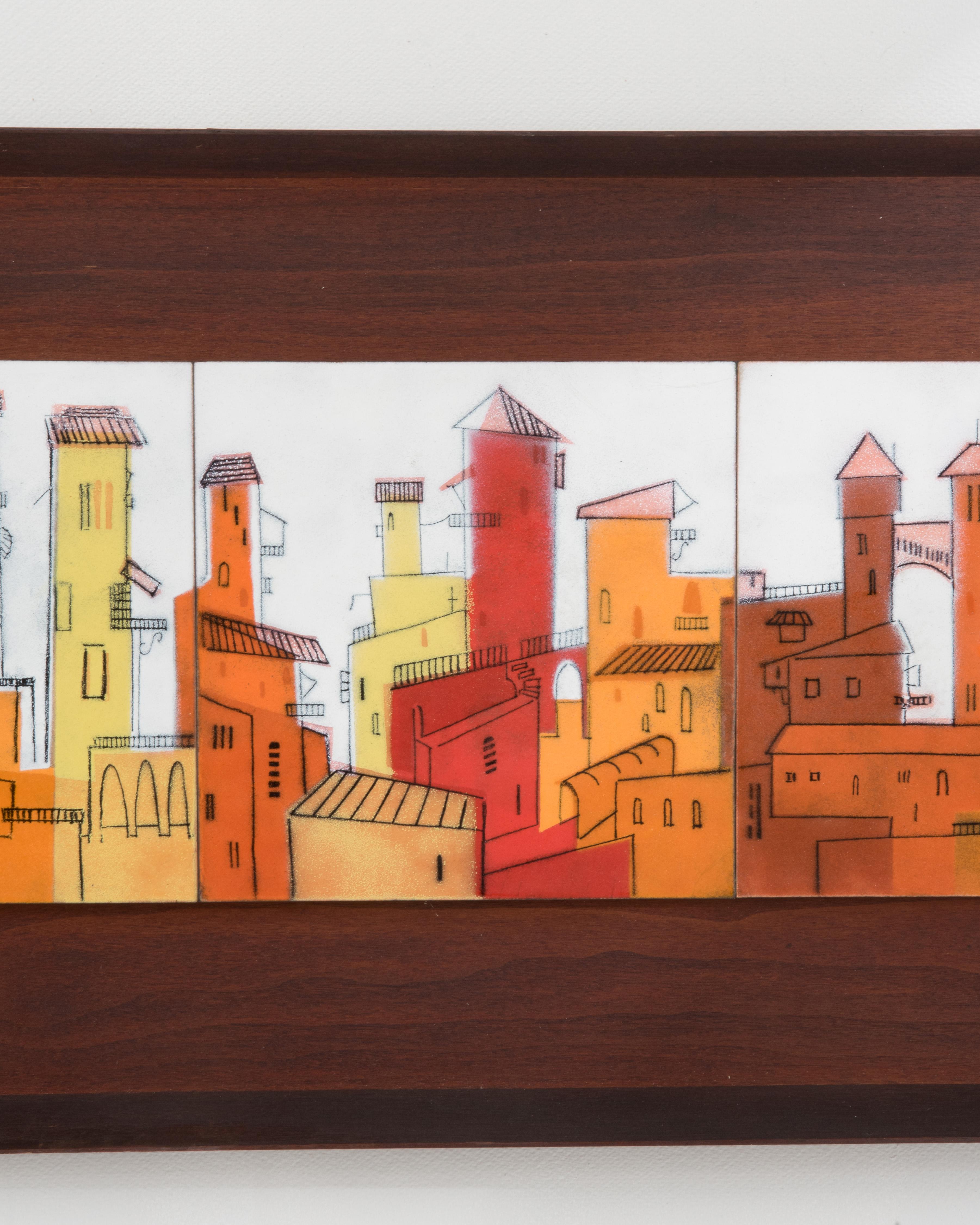 Mid-Century Modern 1960s Midcentury Abstract City Architectural Walnut Framed Enamel Tile