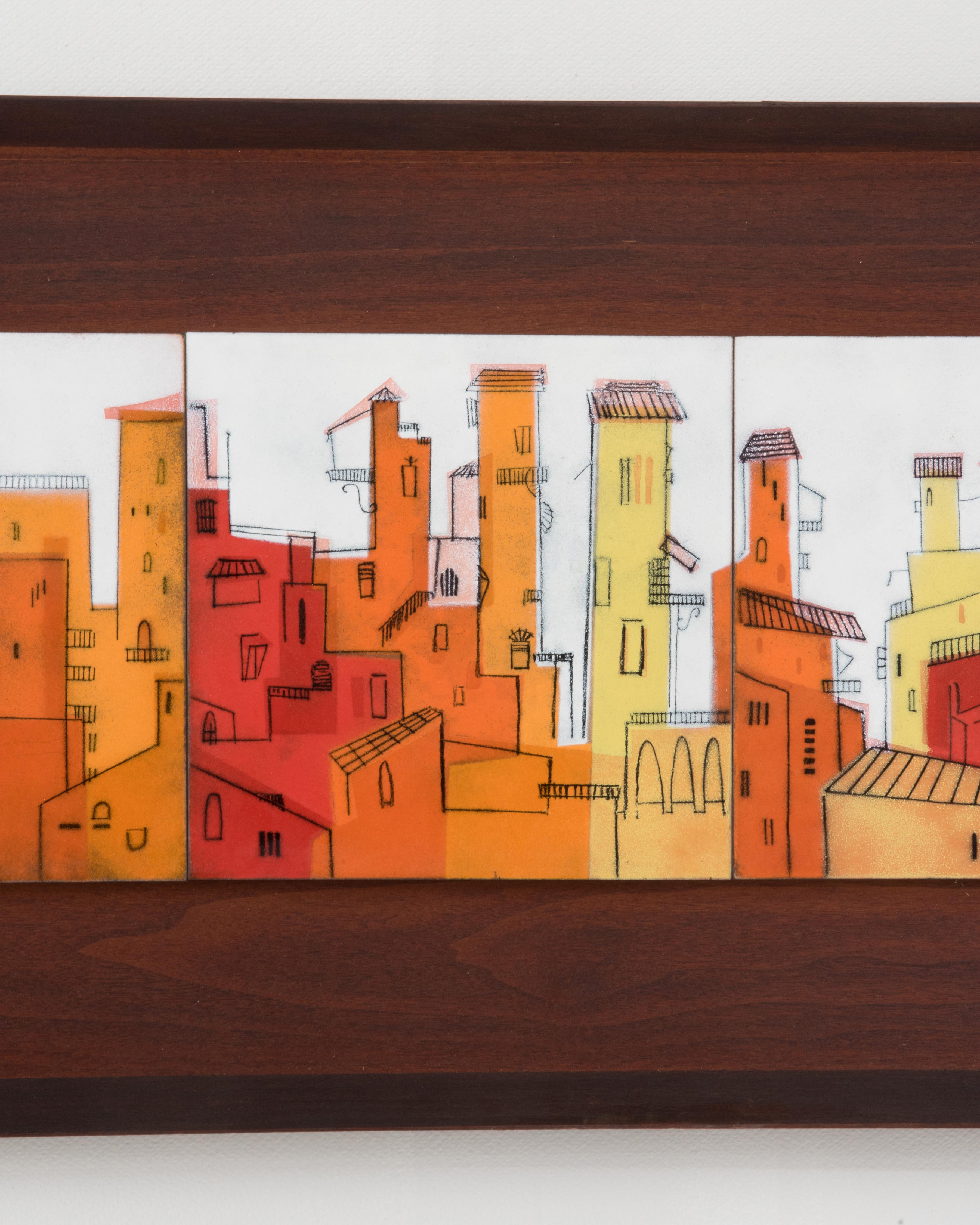 North American 1960s Midcentury Abstract City Architectural Walnut Framed Enamel Tile