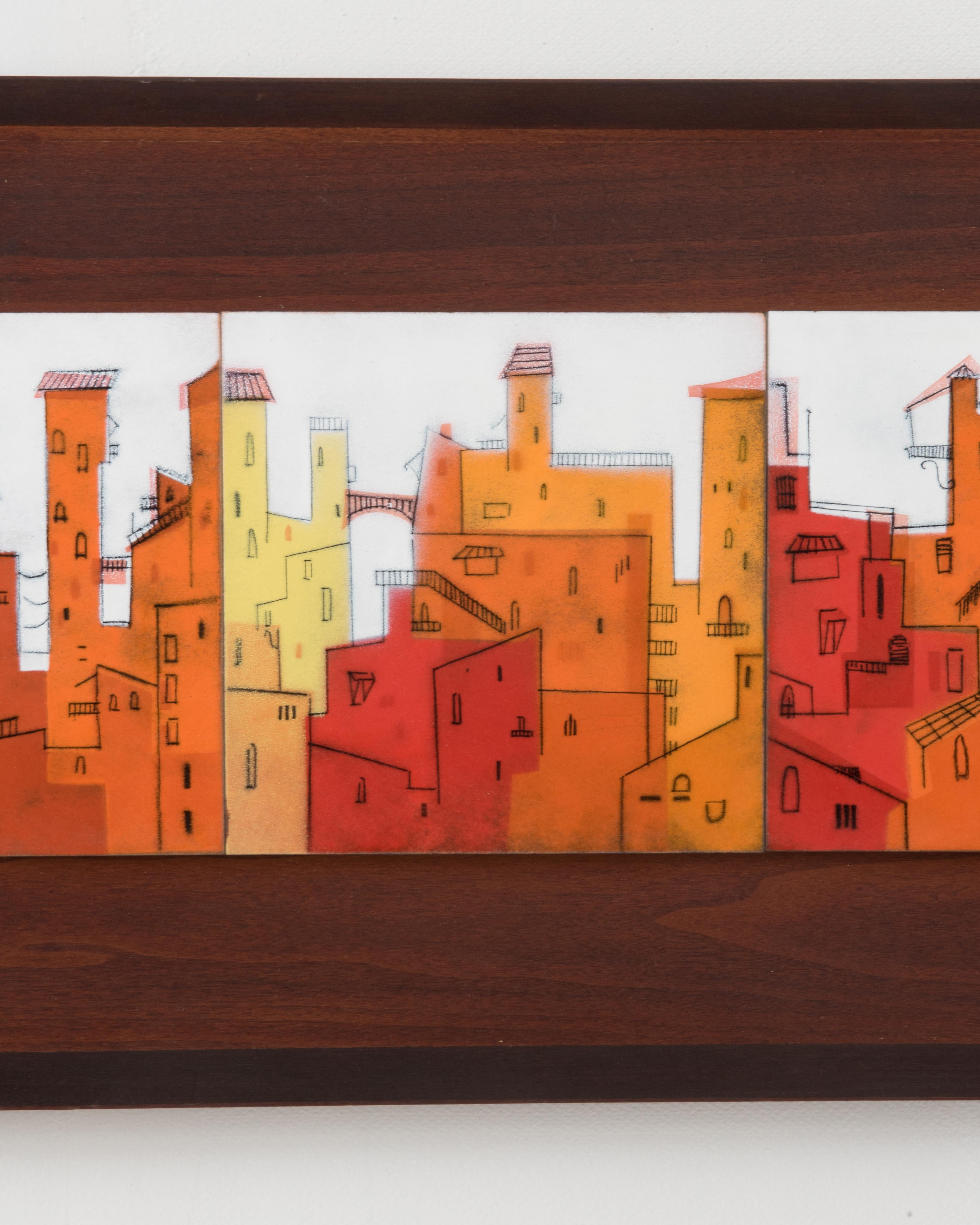 1960s Midcentury Abstract City Architectural Walnut Framed Enamel Tile In Good Condition In Lambertville, NJ