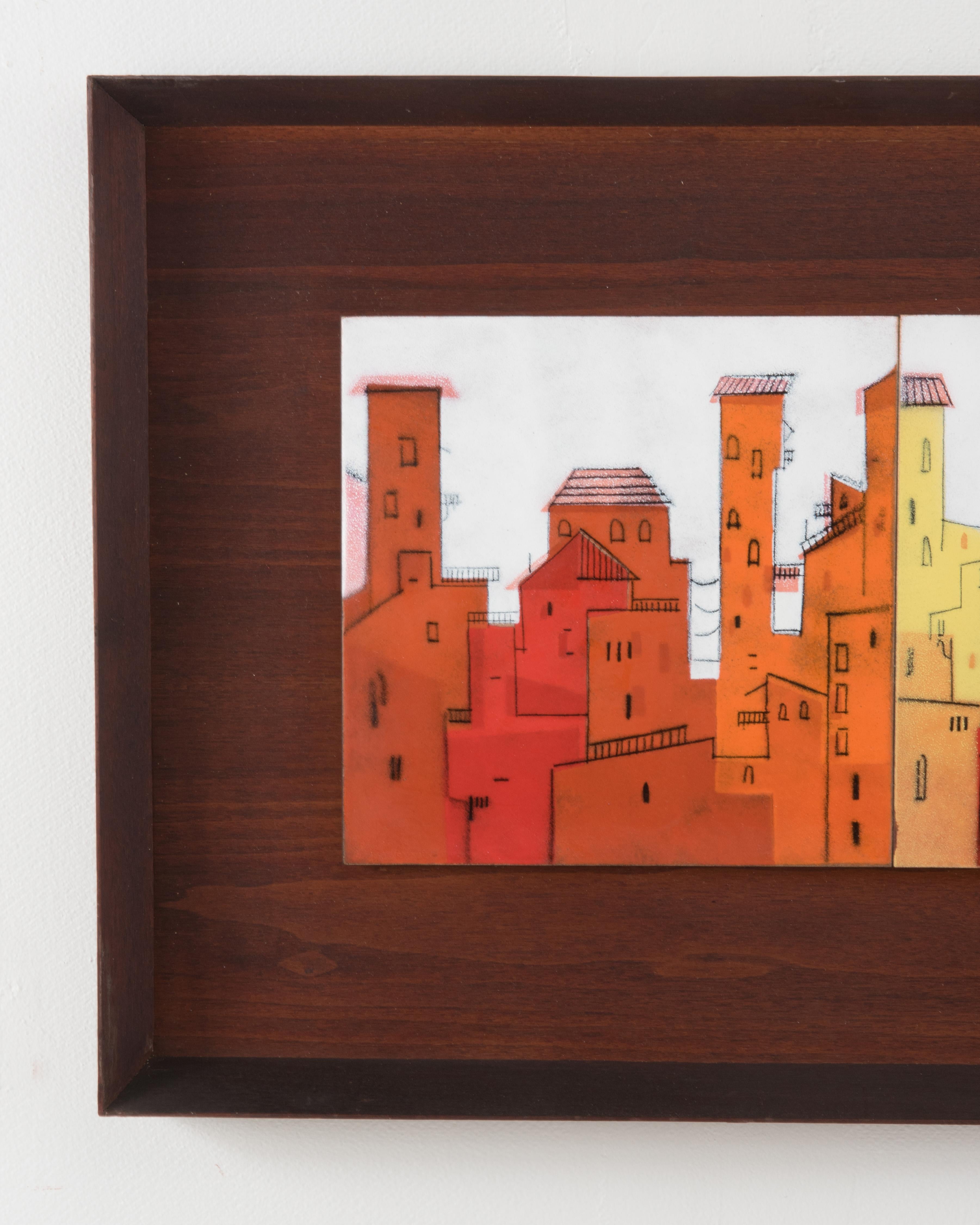 Mid-20th Century 1960s Midcentury Abstract City Architectural Walnut Framed Enamel Tile