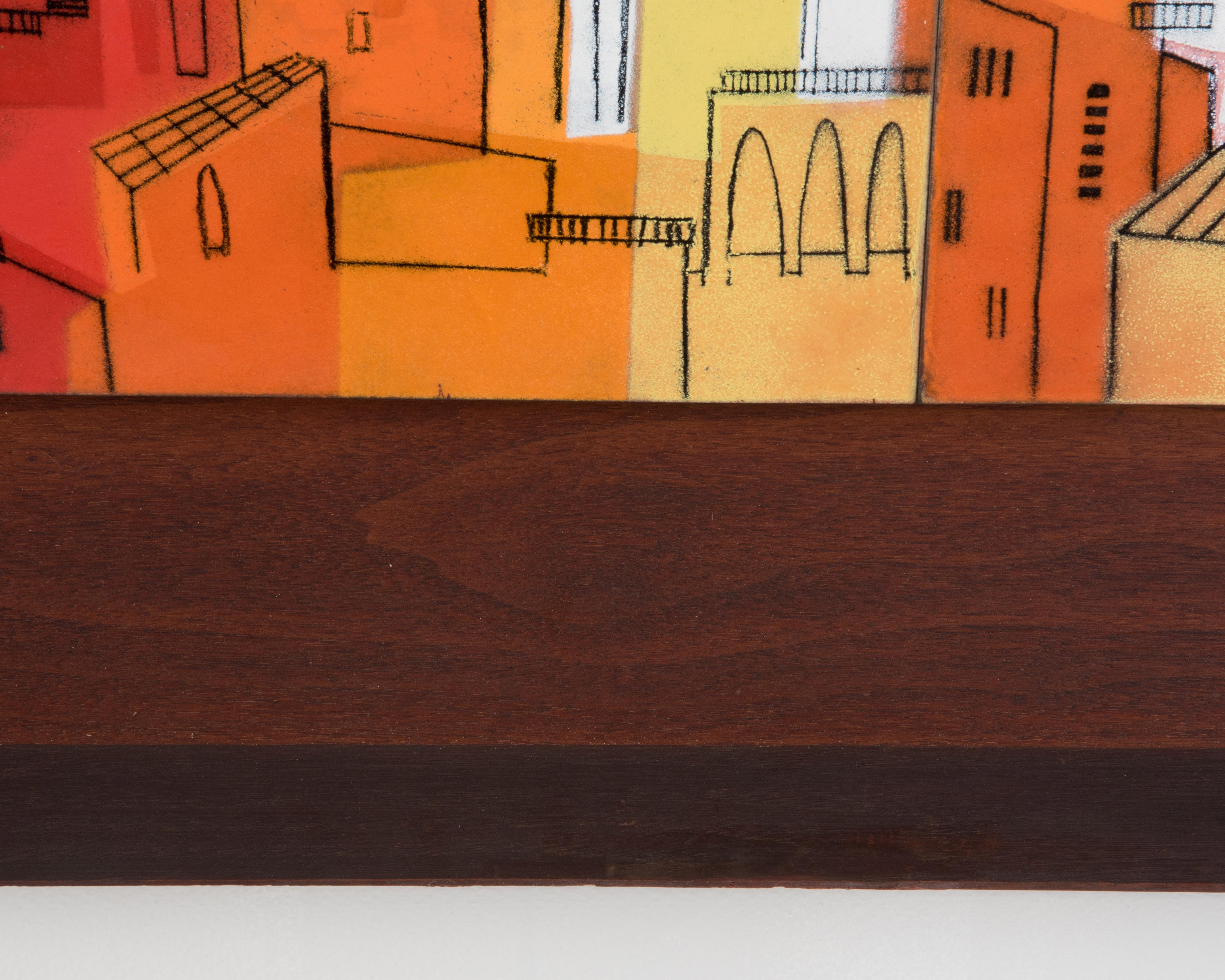 1960s Midcentury Abstract City Architectural Walnut Framed Enamel Tile 1