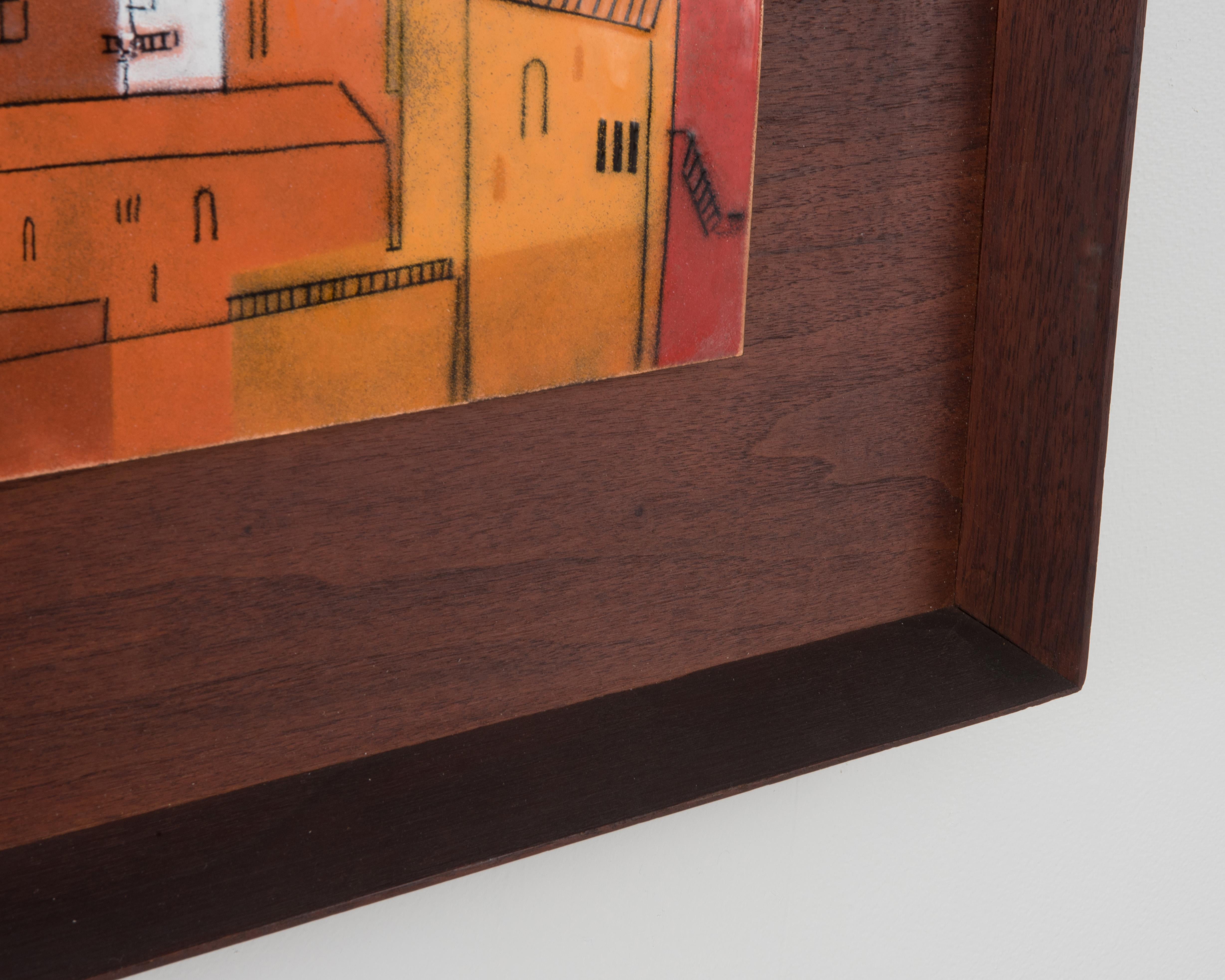 1960s Midcentury Abstract City Architectural Walnut Framed Enamel Tile 2