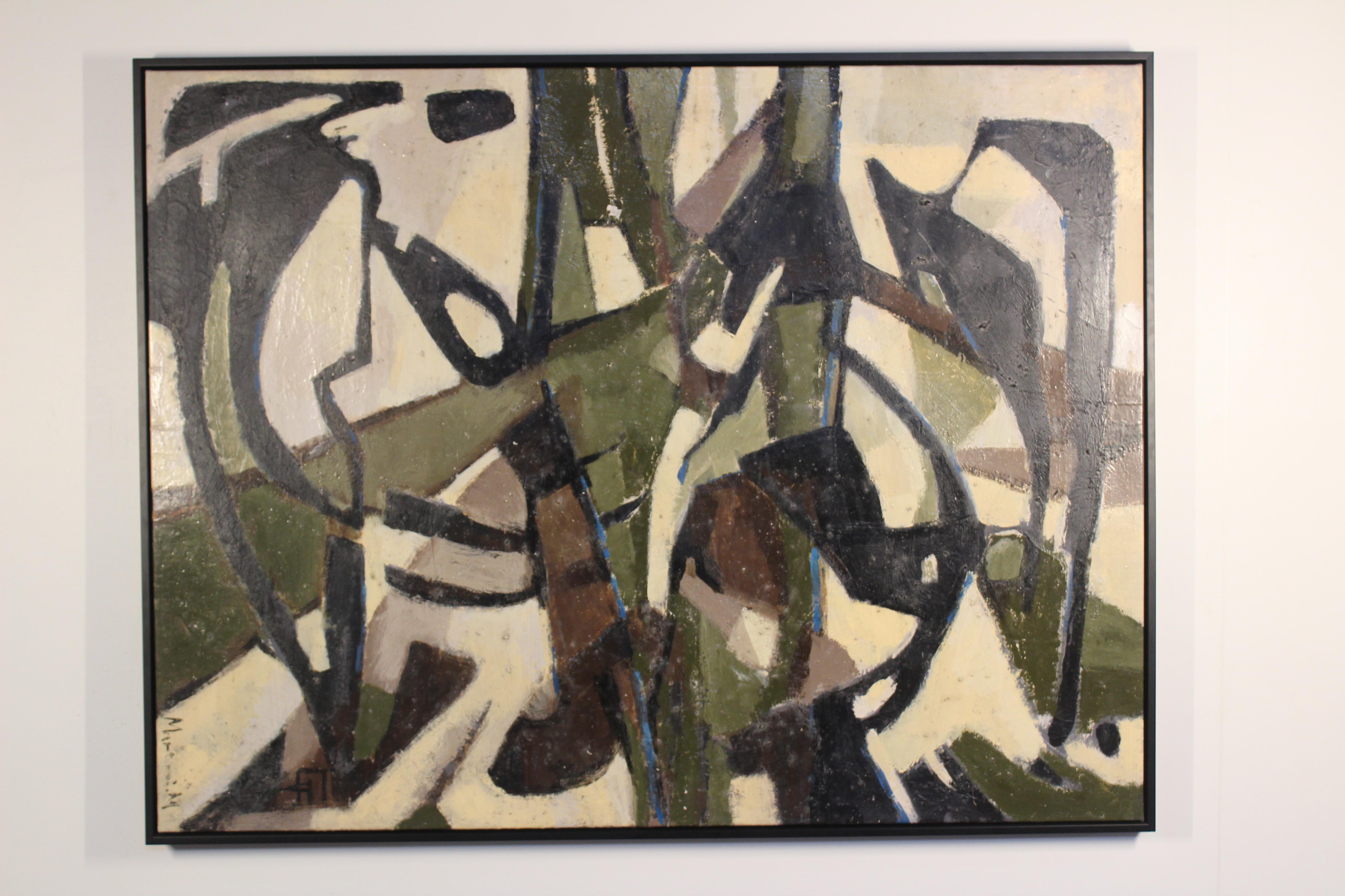 Mid-Century Modern 1960s Midcentury Abstract French Oil Painting