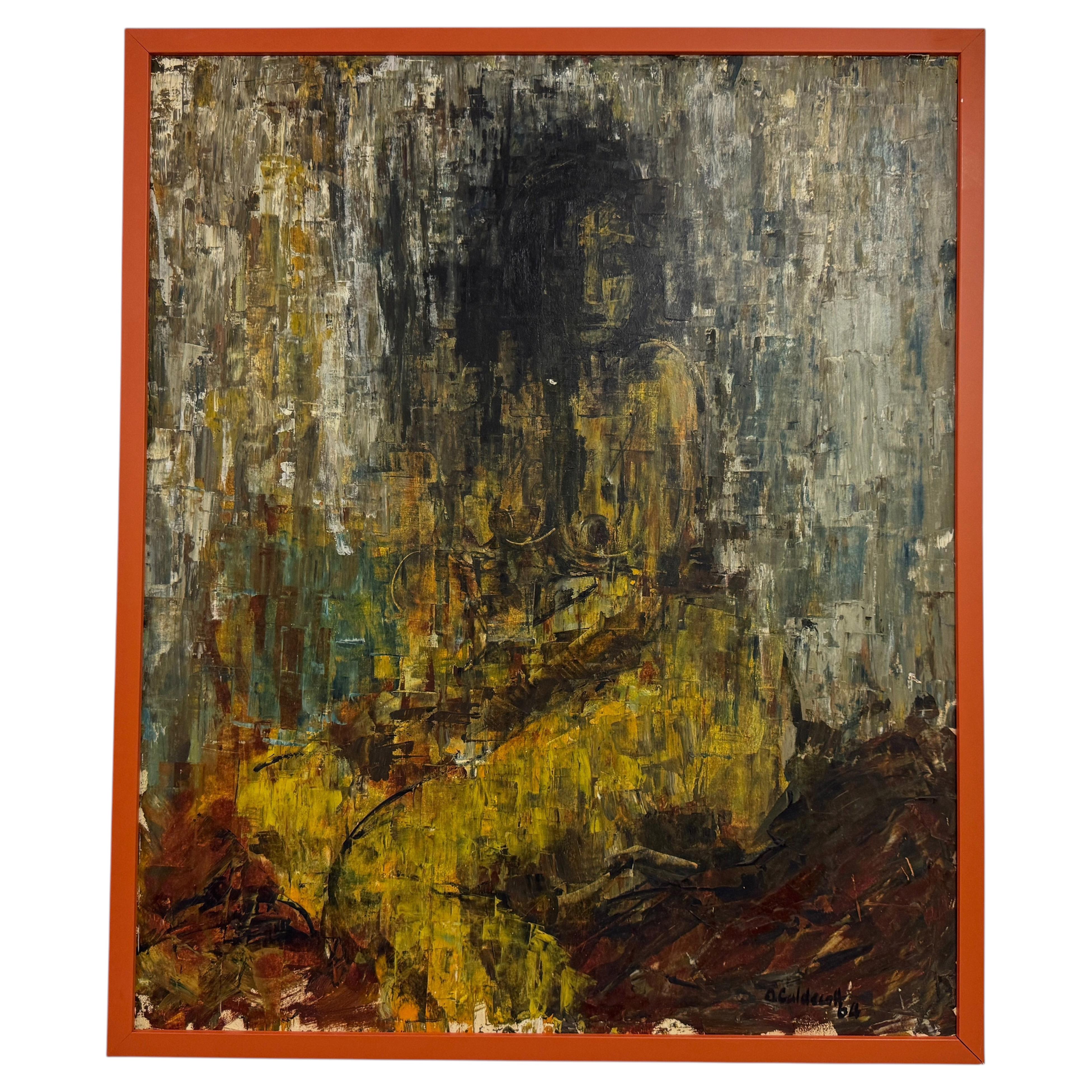 Peinture abstraite des années 1960 représentant une figure féminine, typique du milieu du siècle