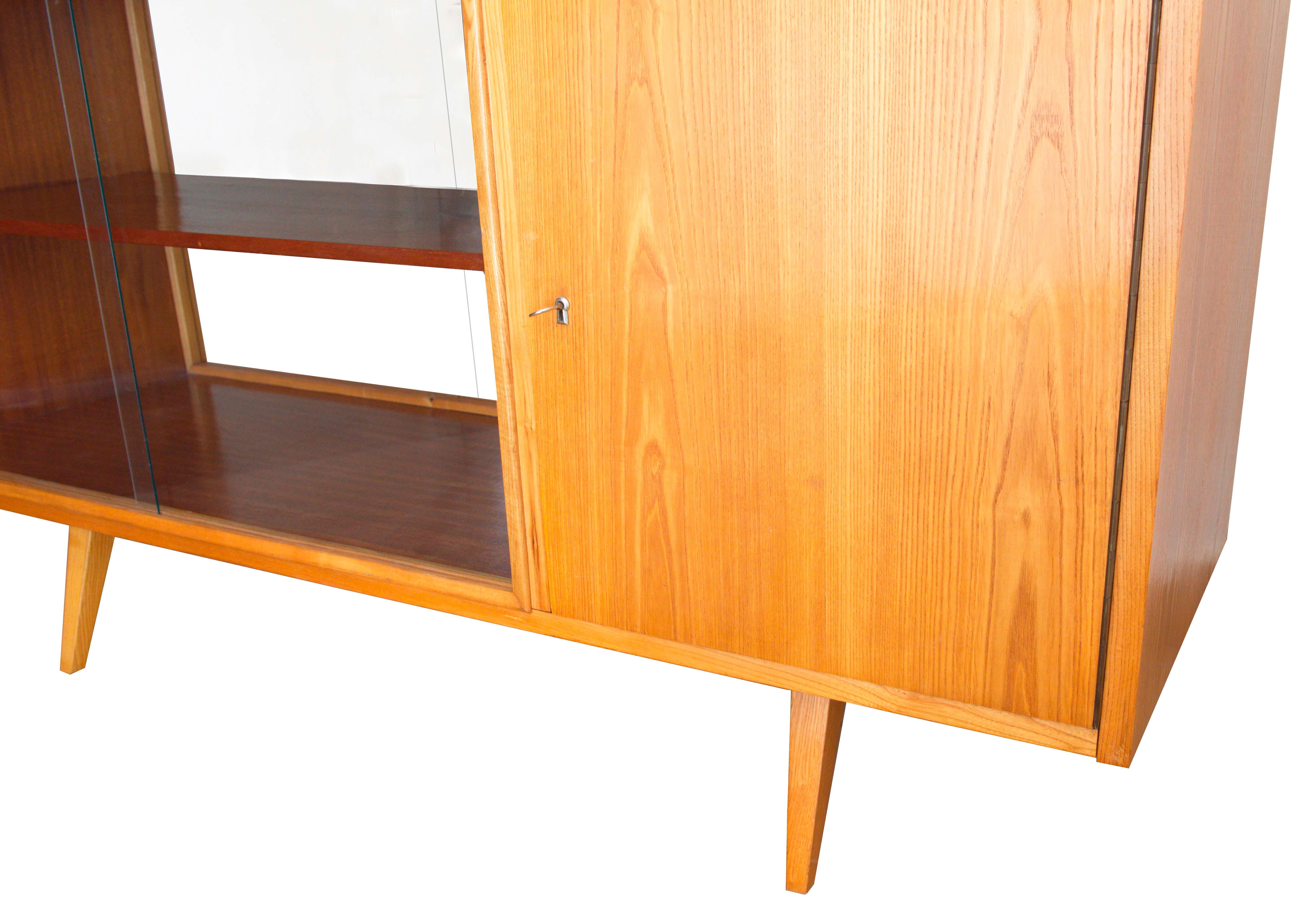 Czech 1960s Midcentury Ash Sideboard with Glass Sliding Doors by Frantisek Jirak For Sale