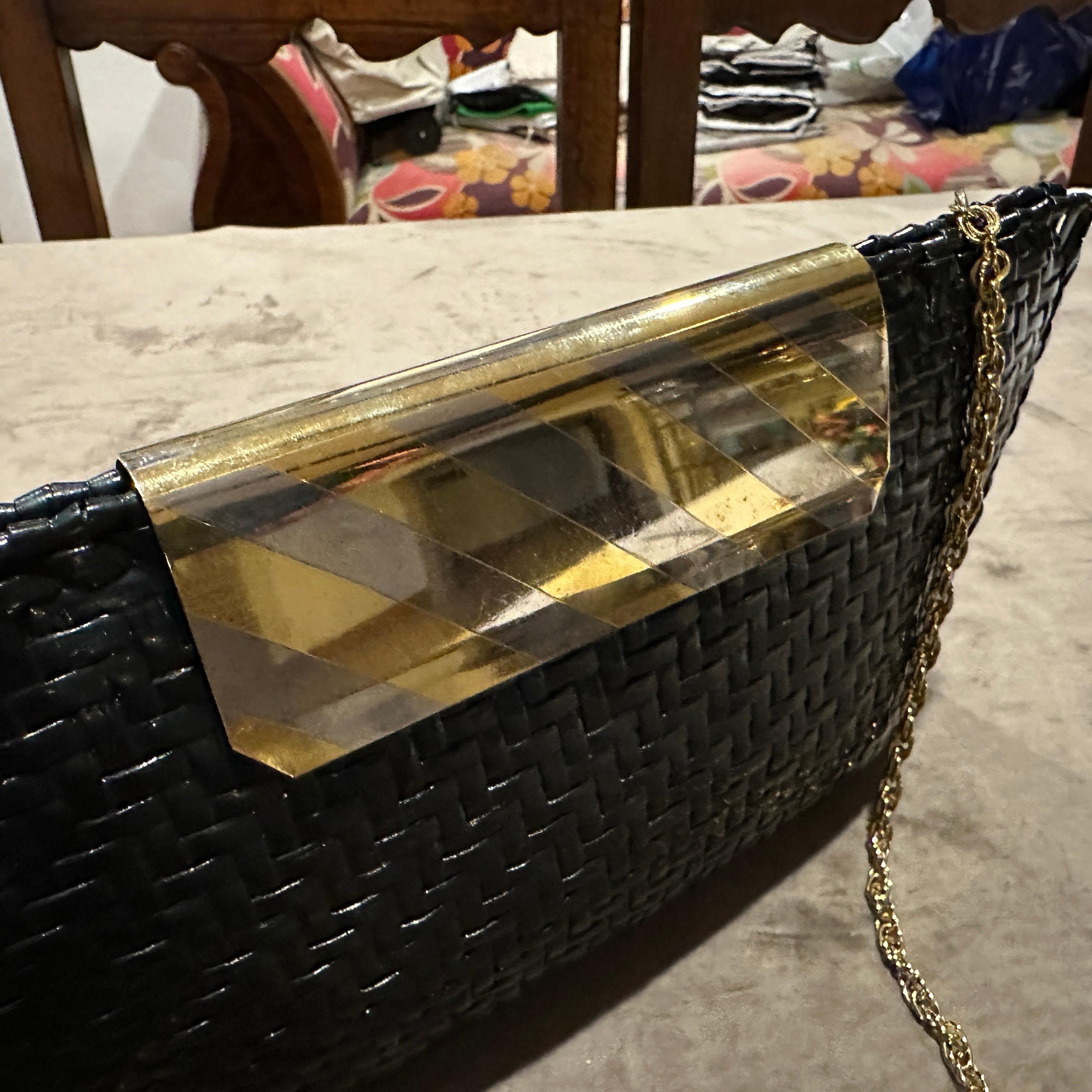 Donna Borsa da sera italiana di metà secolo 1960 in vimini nero e metallo di Rodo in vendita