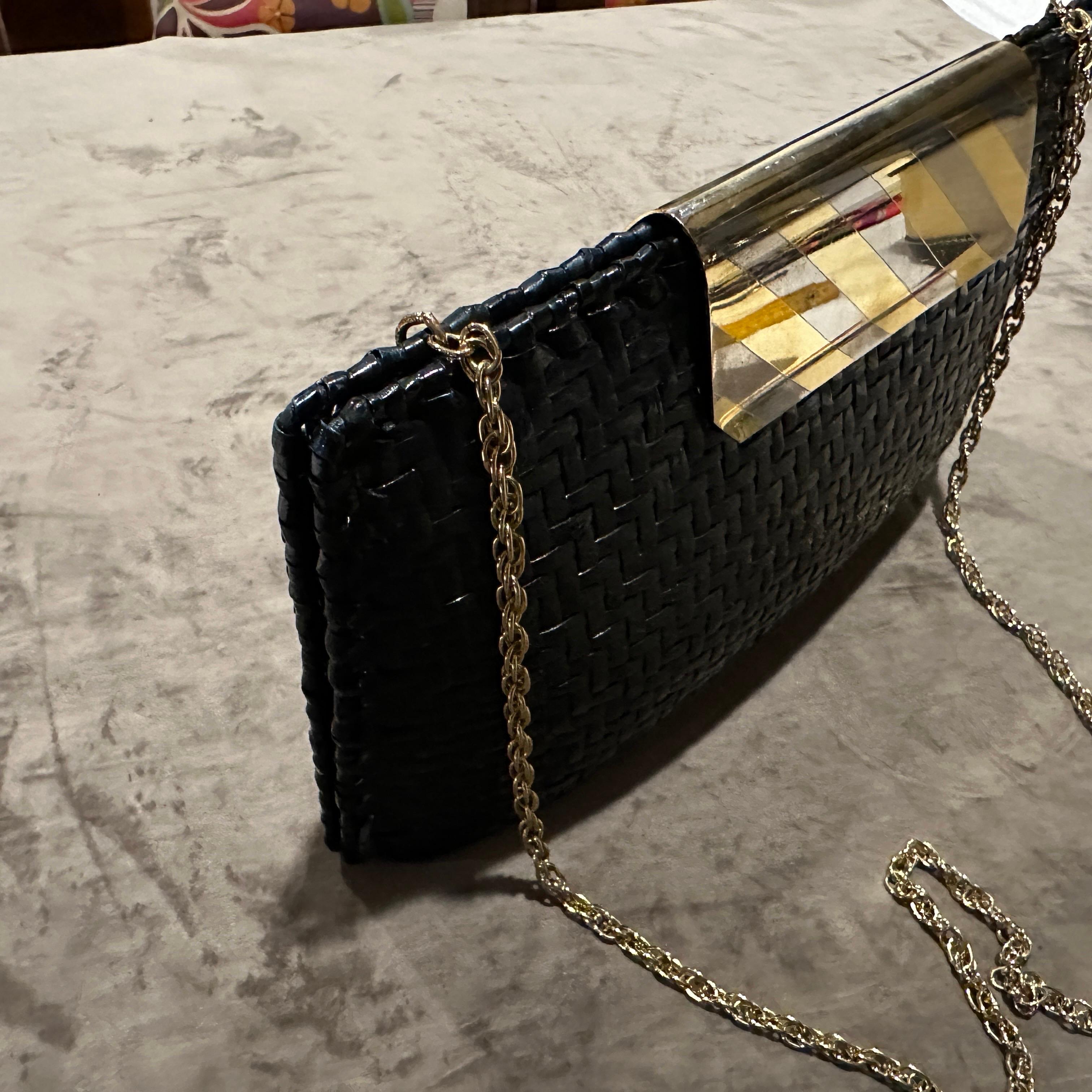Borsa da sera italiana di metà secolo 1960 in vimini nero e metallo di Rodo in vendita 1