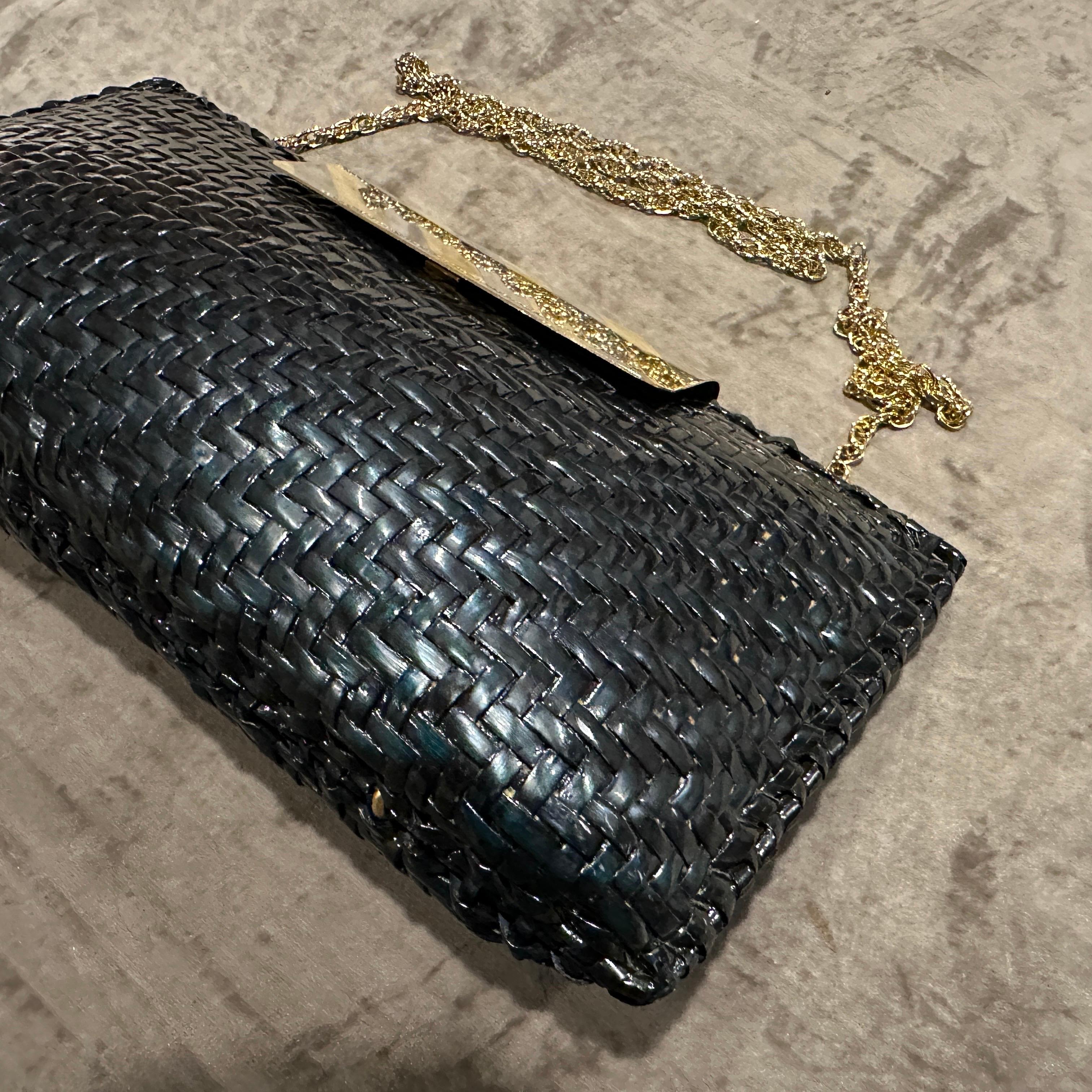 Borsa da sera italiana di metà secolo 1960 in vimini nero e metallo di Rodo in vendita 2