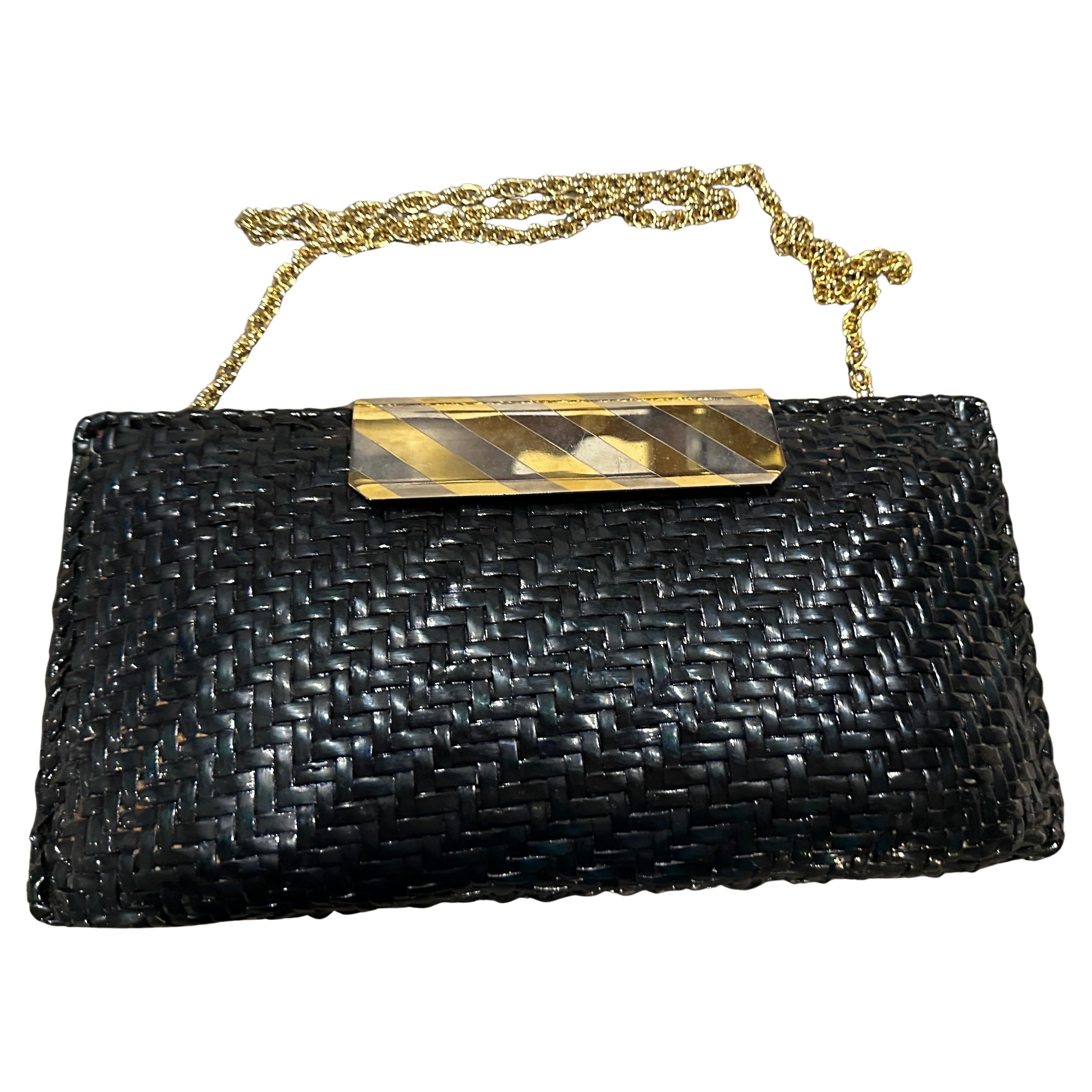 1960s Mid-Century Black Wicker and Metal Italian Evening Bag by Rodo
