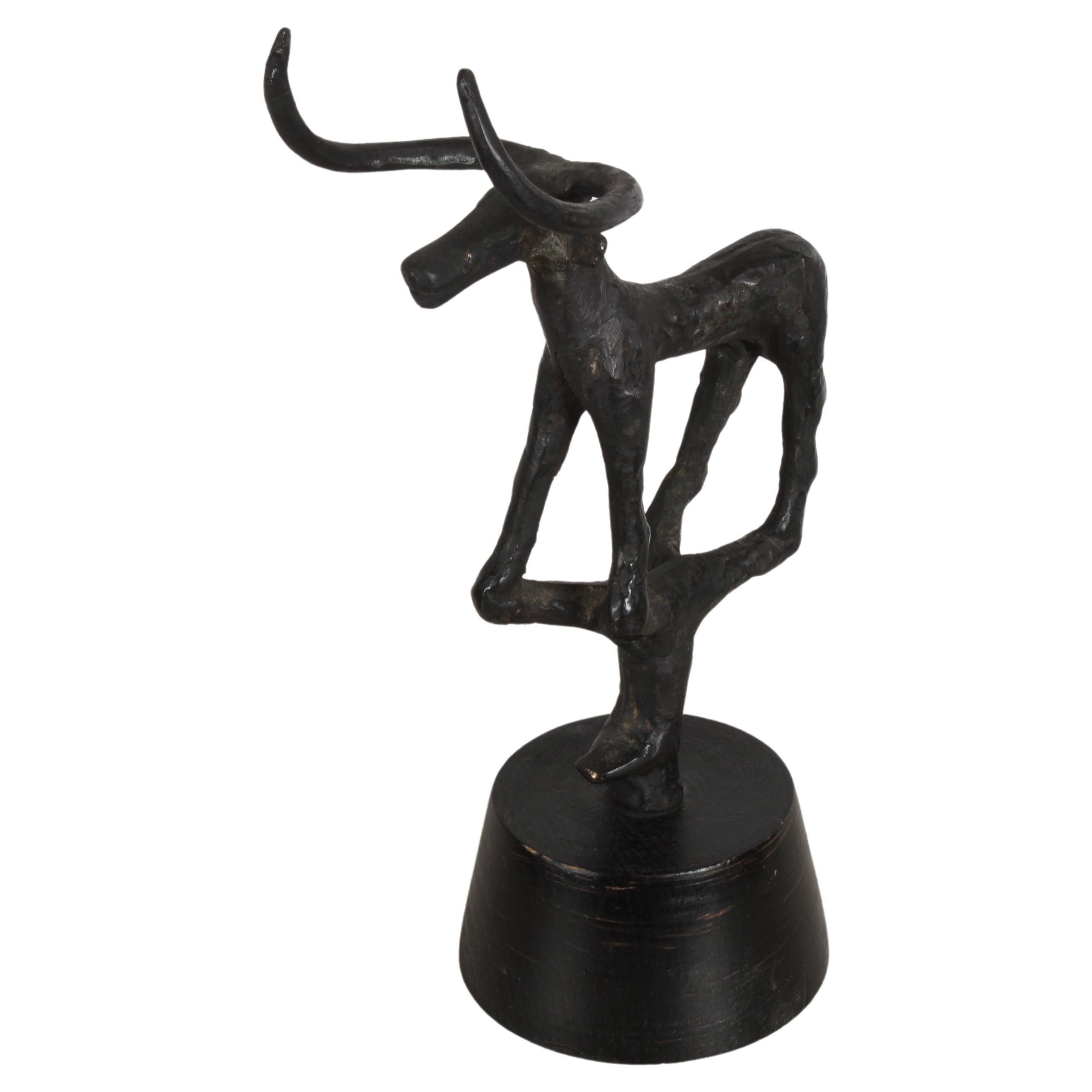 1960s Mid-Century Bronze Age Reproduction Bronze Bull Sculpture on Wood Base For Sale