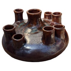 Retro 1960's Mid-Century Brown Ceramic 8-Stem Bud Vase