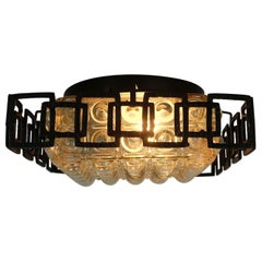1960's mid century bubble amber glass CEILING LAMP with brutalist iron frame