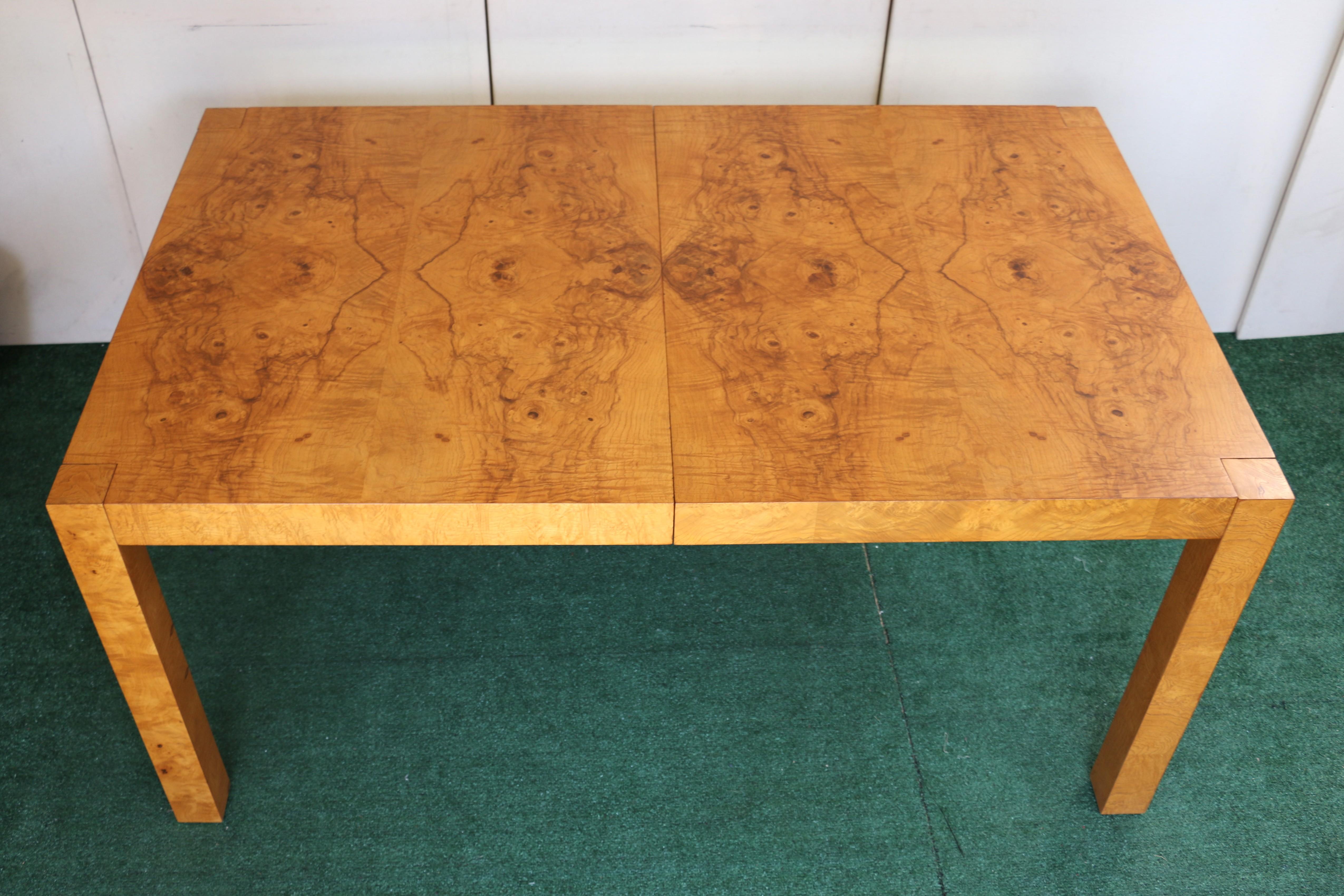 American 1960’s Mid Century Burlwood Expanding Dining Table With 2 Leaves For Sale