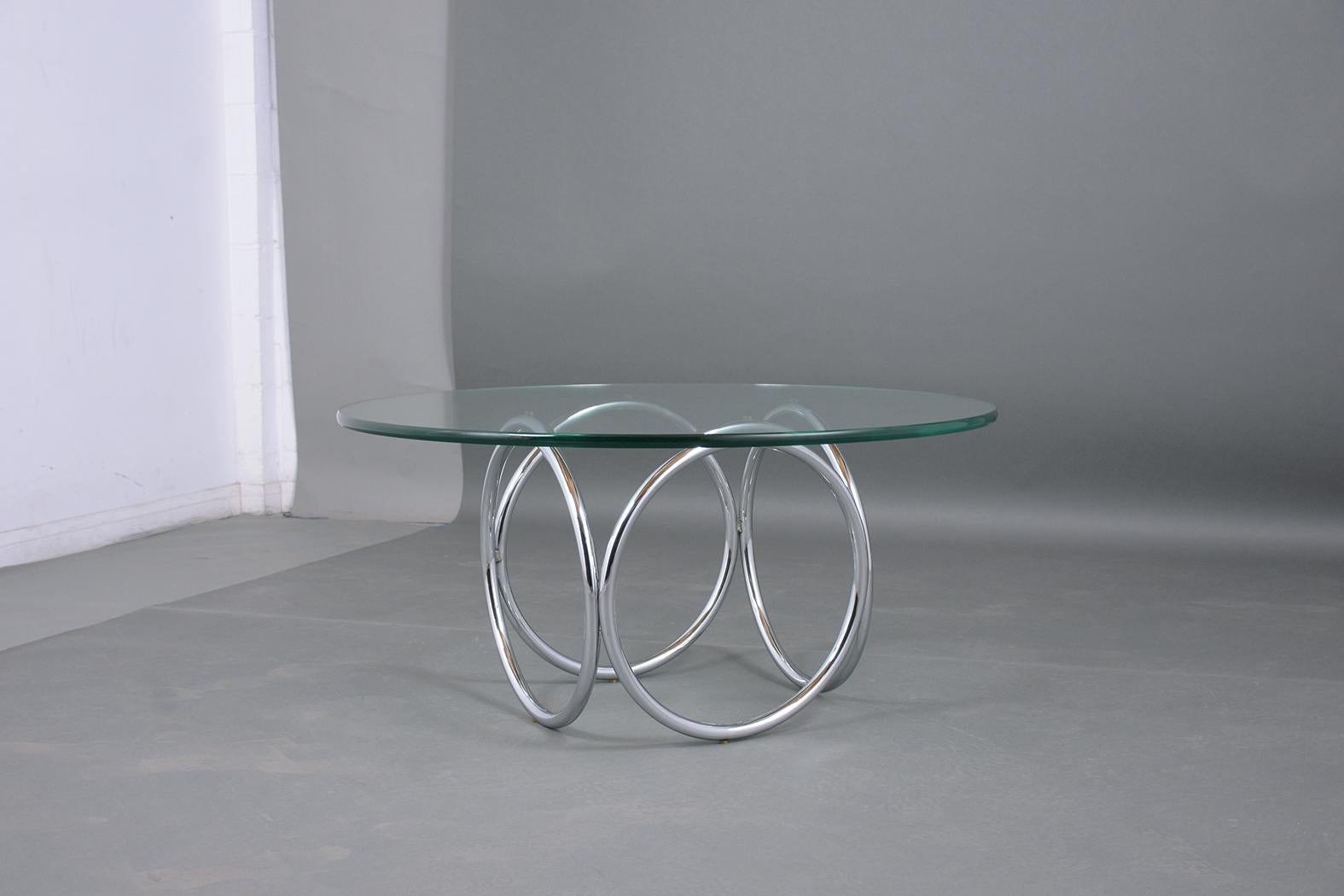 Polished Restored Vintage 1960s Mid-Century Modern Chrome Side Table with Round Glass Top For Sale