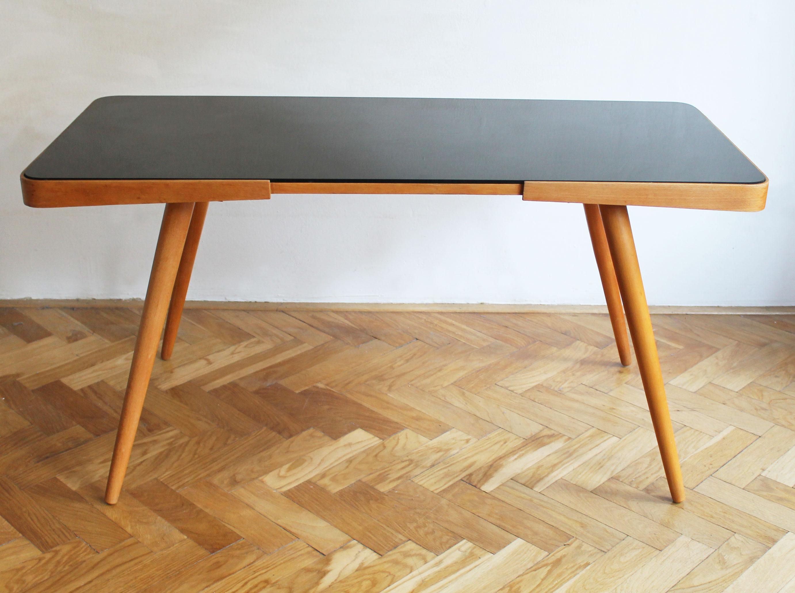 Czech 1960's Mid Century Coffee Table With a Black Opaxite Glass For Sale