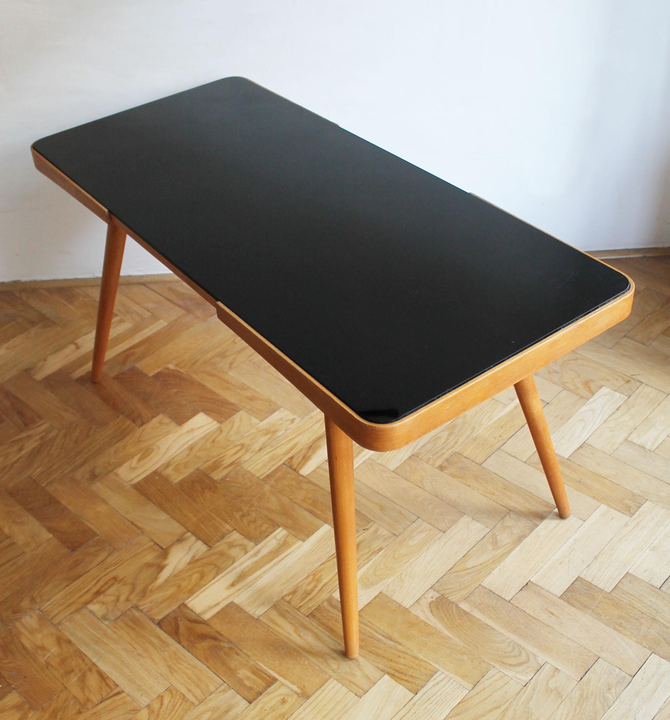 1960's Mid Century Coffee Table With a Black Opaxite Glass In Fair Condition For Sale In Brno, CZ
