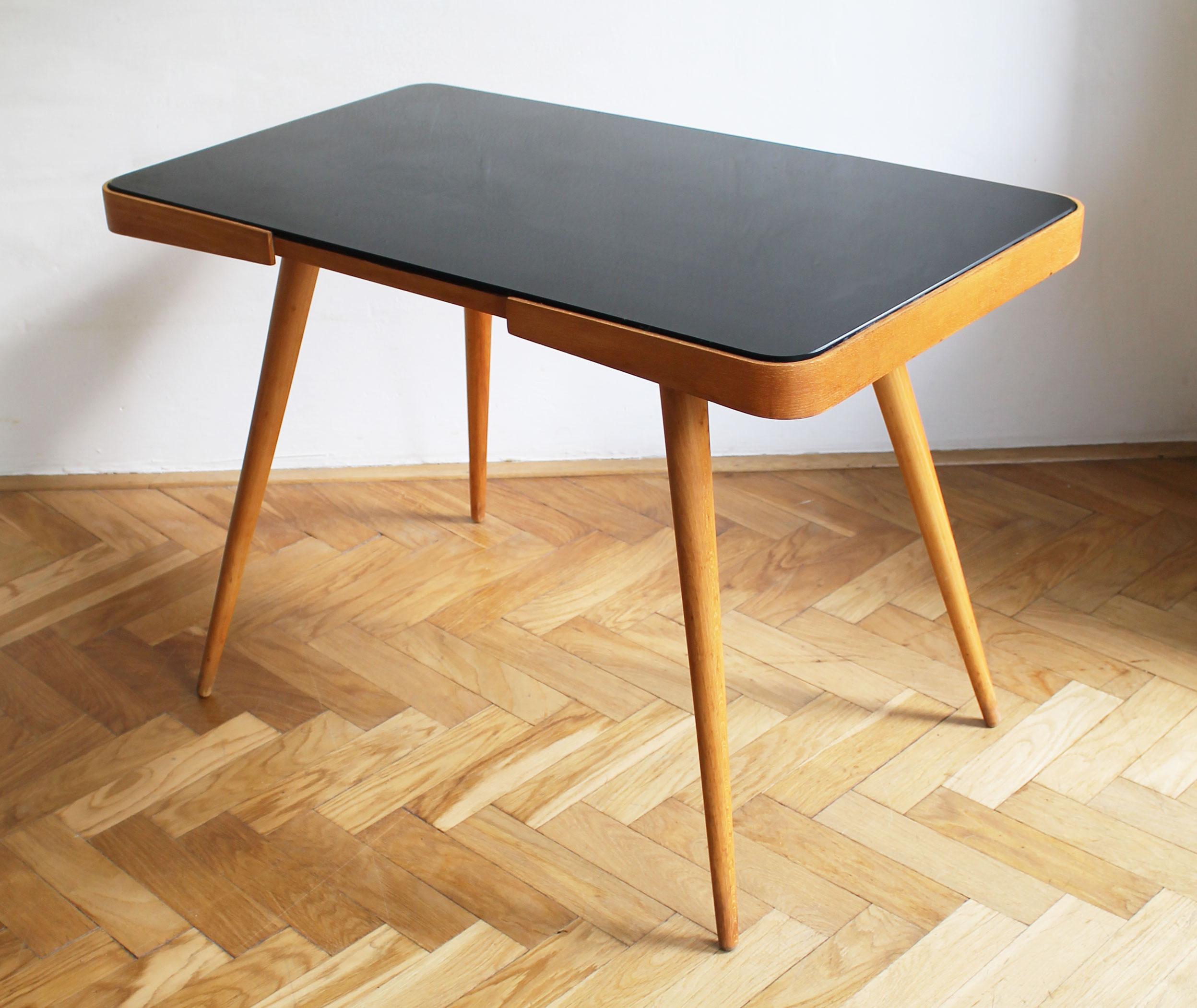 Czech 1960's Mid Century Coffee Table With a Black Opaxite Glass - Smaller version For Sale
