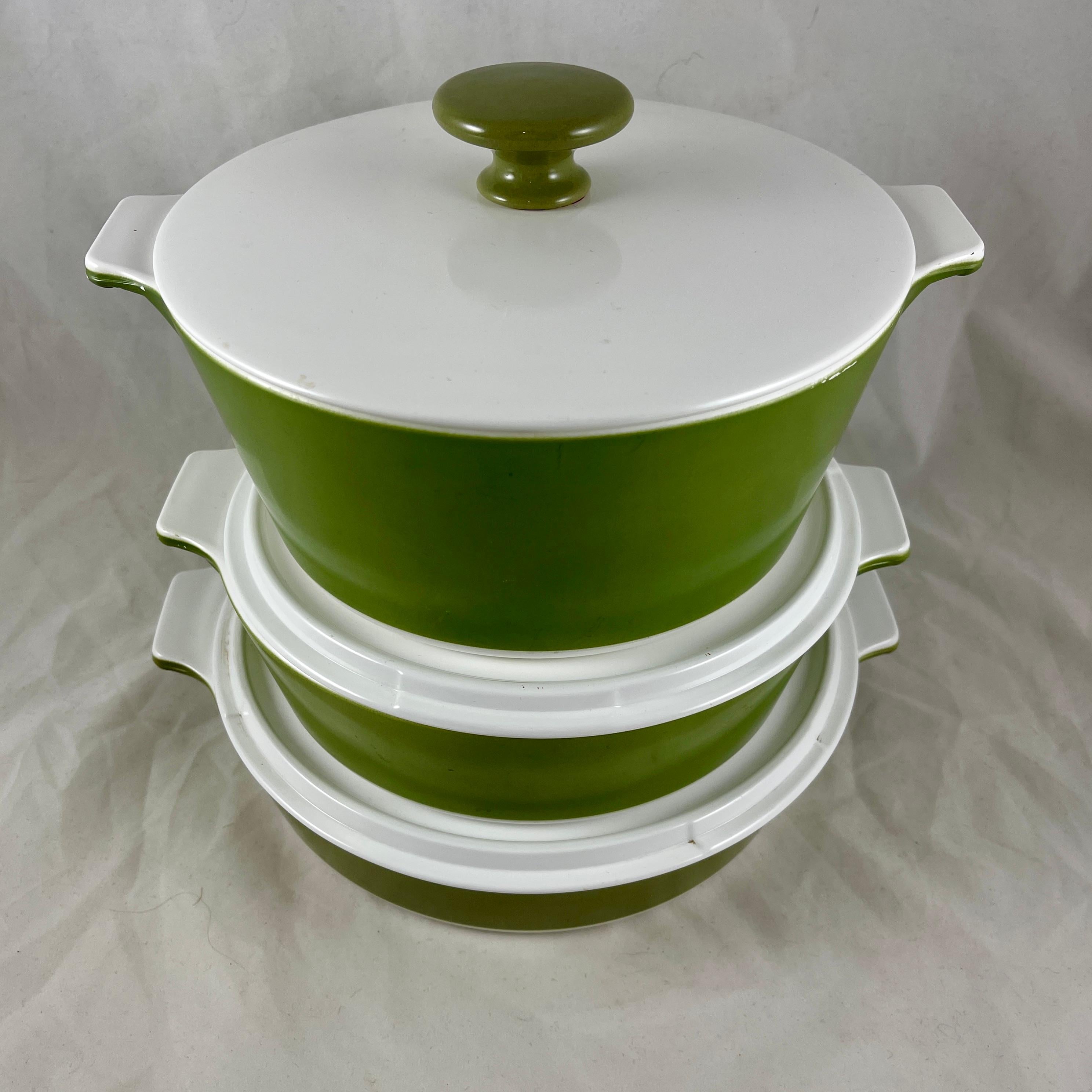 Mid-Century Modern 1960s Mid-Century Corning Ware ‘Avocado Round’ Line Green Covered Casseroles S/3