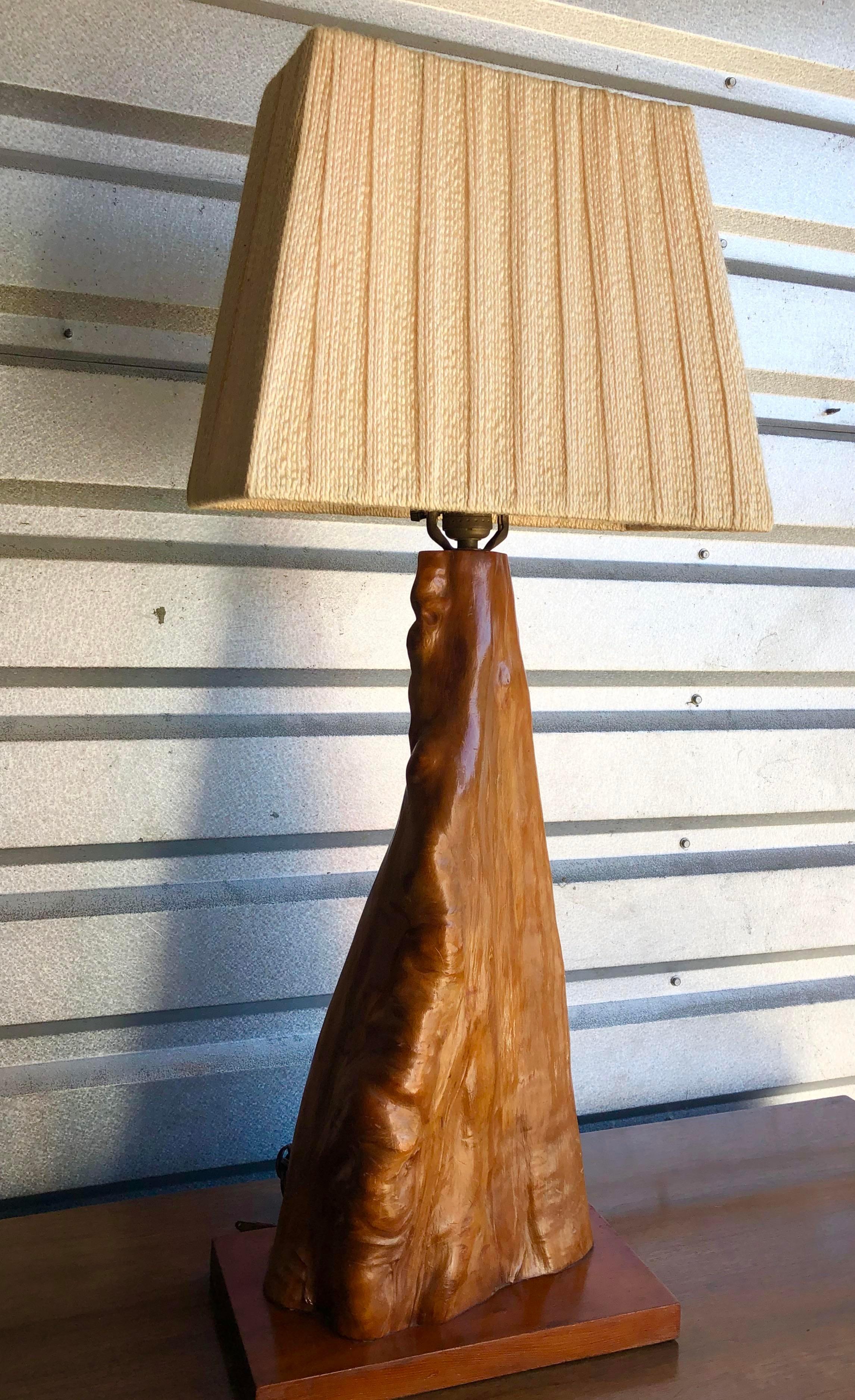 Chic cypress knuckle lamp. It comes with a great period string shade. Acquired from a Philadelphia estate..