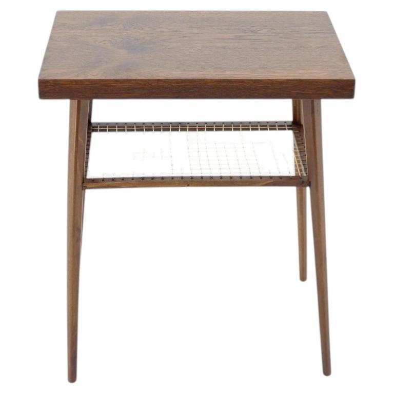 1960s Mid-Century Czech Oak Side Table with Woven Magazine Shelf