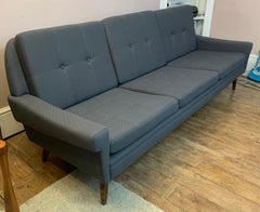 1960s Mid Century Danish 3-Seater Svend Skipper Blue Grey Fabric Buttoned Sofa