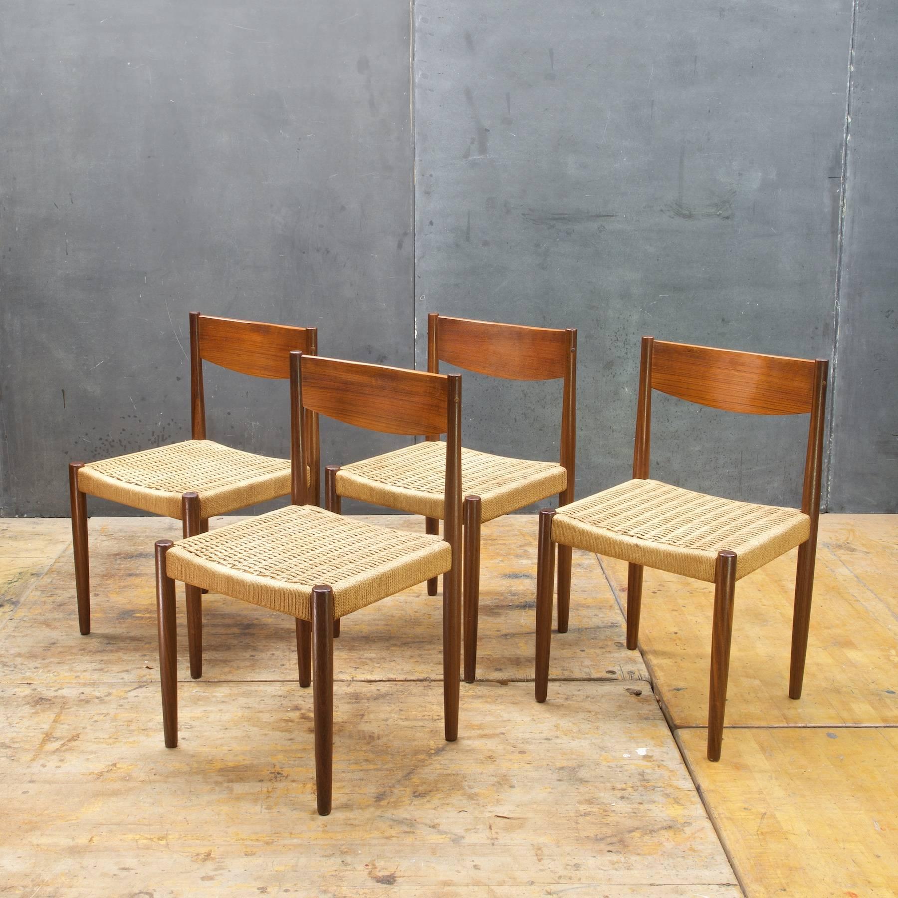 Scandinavian Modern 1960s Midcentury Danish Rustic Fjord Farmhouse Teak Rush Dining Chairs, Four
