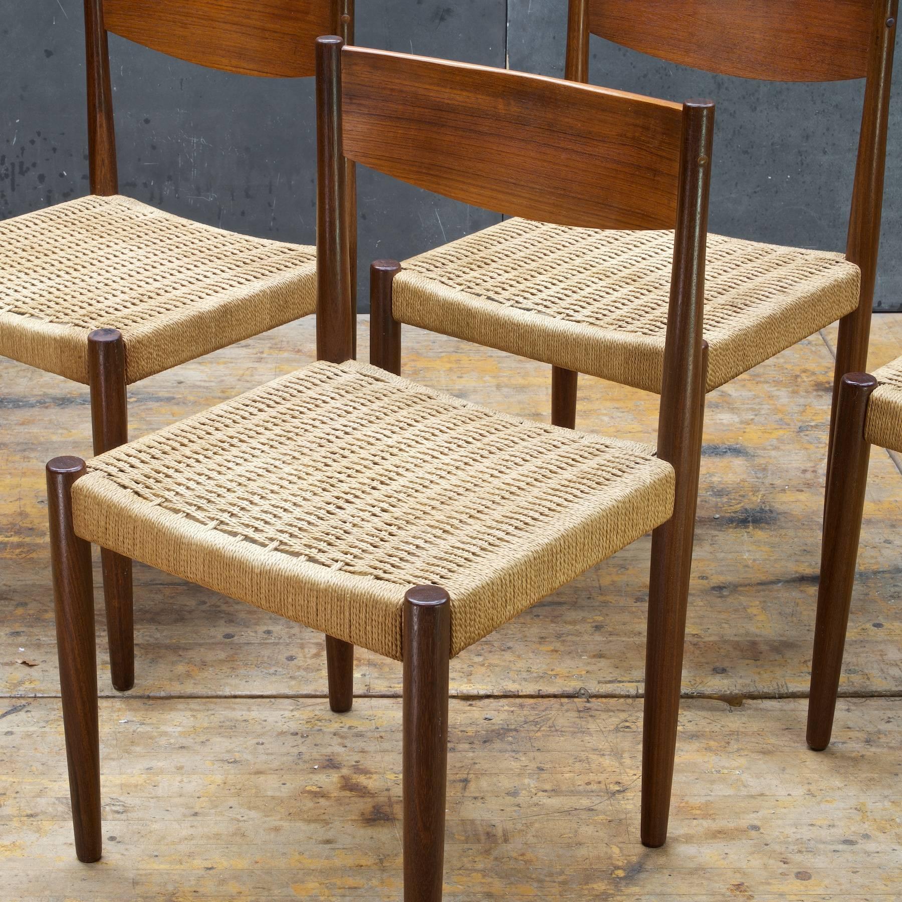 1960s Midcentury Danish Rustic Fjord Farmhouse Teak Rush Dining Chairs, Four In Good Condition In Hyattsville, MD