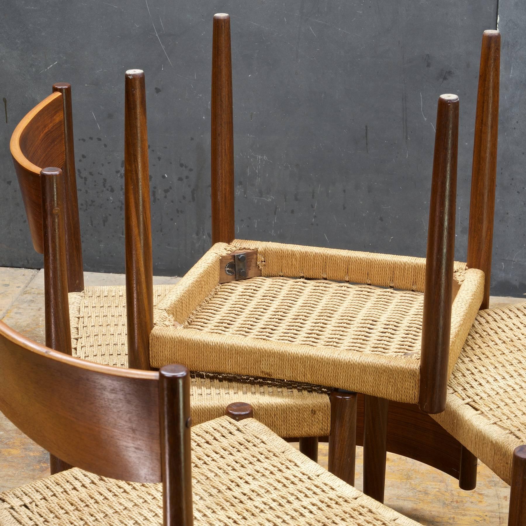Mid-20th Century 1960s Midcentury Danish Rustic Fjord Farmhouse Teak Rush Dining Chairs, Four
