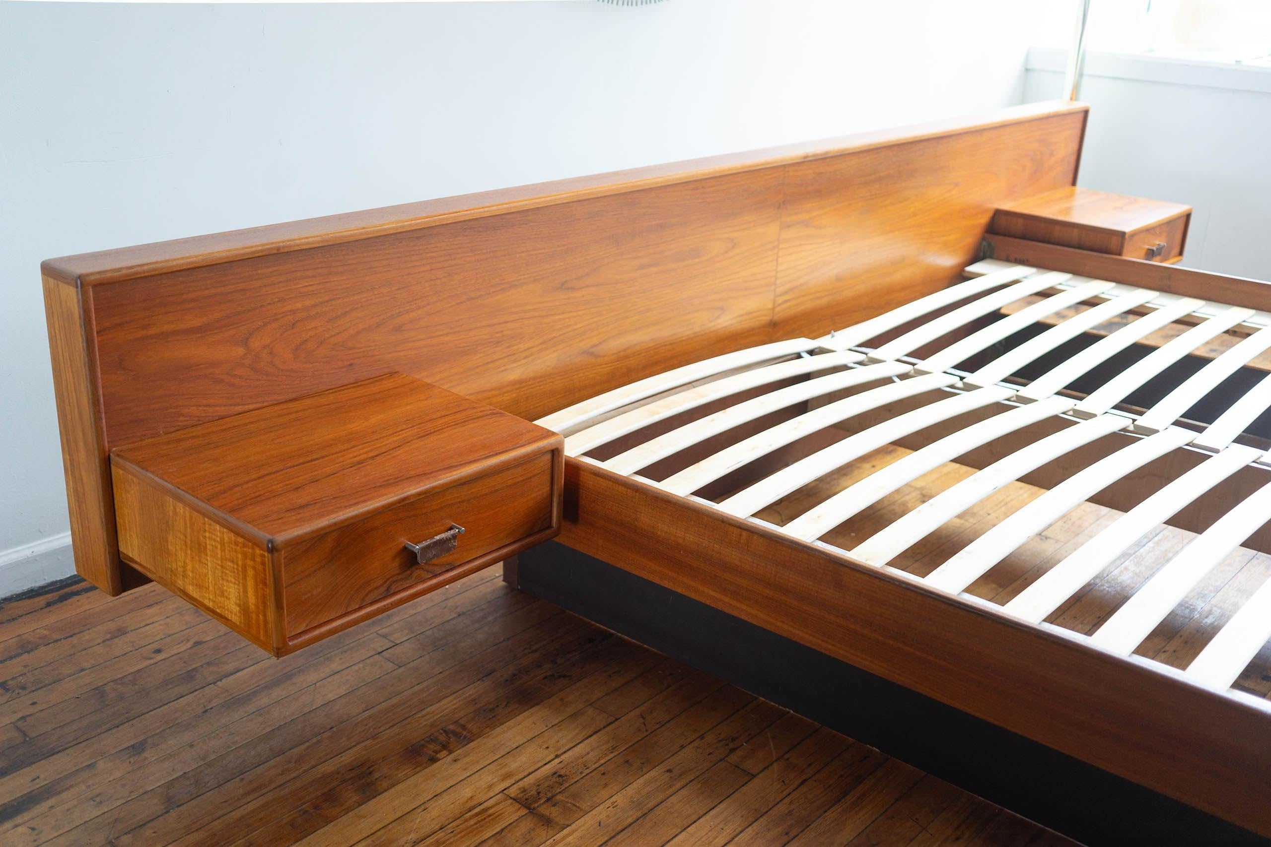 1960's Mid Century Danish Teak King Size Platform Bed with Floating nightstands 2
