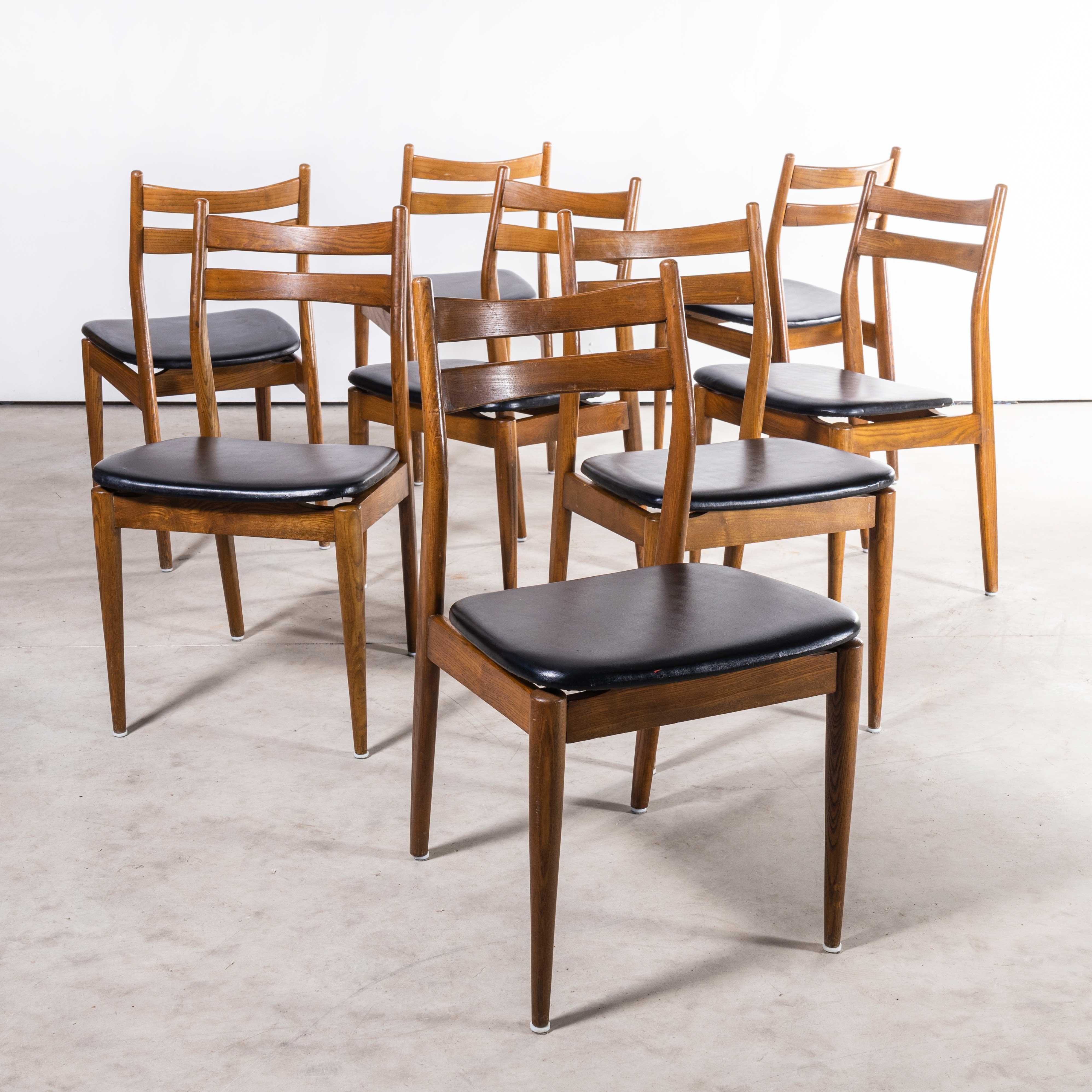 1960s Midcentury dining chairs – set of eight
1960s Midcentury dining chairs – set of eight. Classic midcentury design dining chairs made in Germany in solid sapele wood. Graceful frames with turned legs and back supports and comfortable two rail