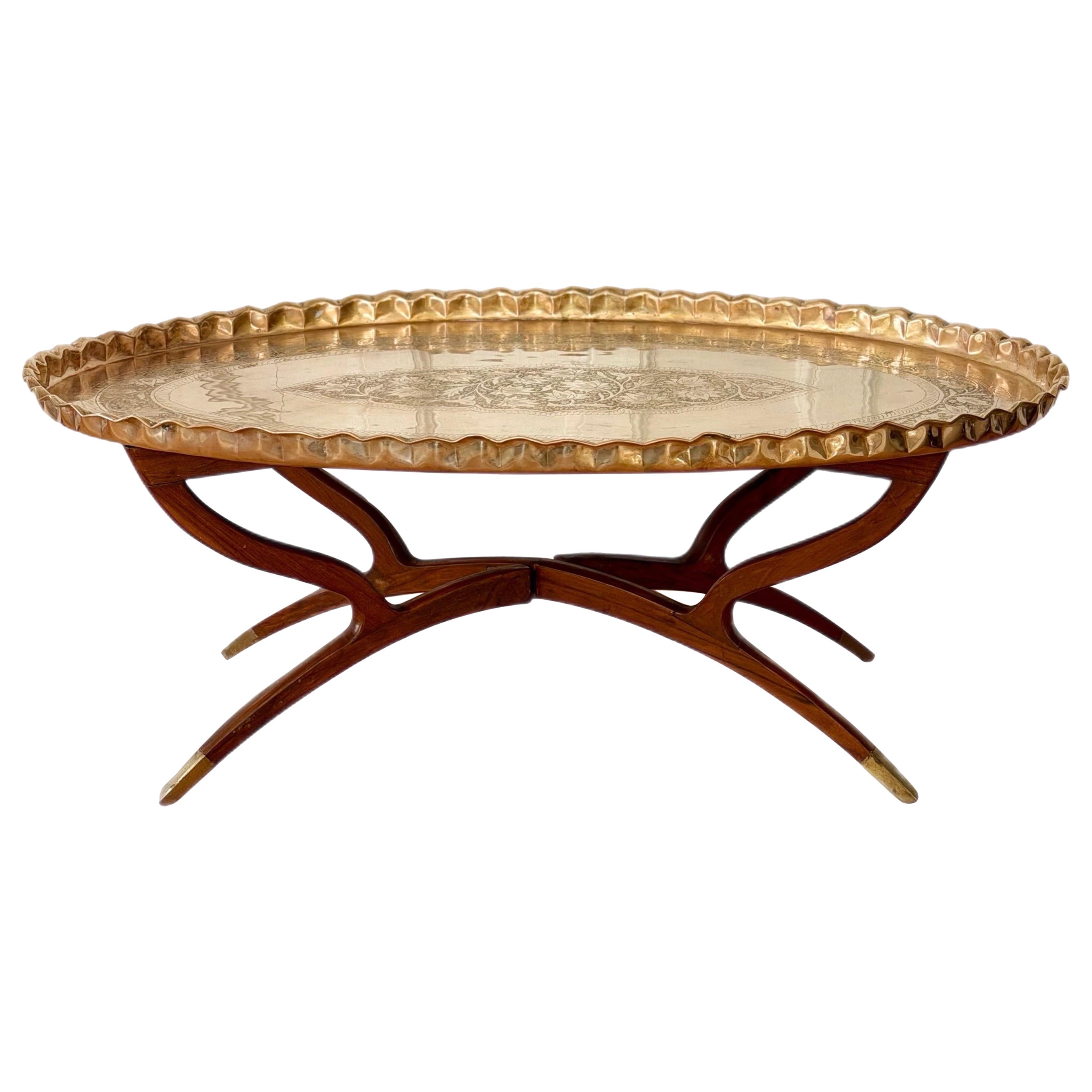 1960s Mid-Century Etched Brass & Wood Oval Tray Coffee Table
