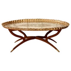 1960s Mid-Century Etched Brass & Wood Oval Tray Coffee Table